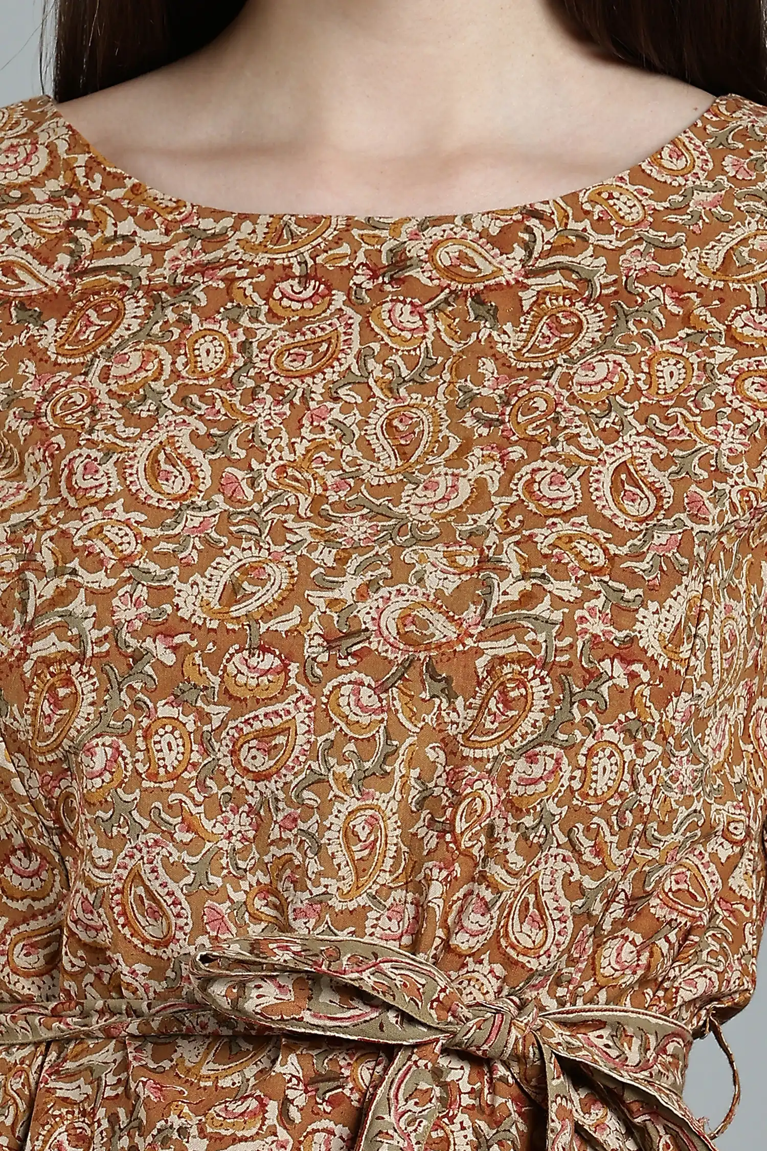 KALAMKARI COTTON DRESS ELBOW SLEEVE BELT DETAIL - YELLOW - Image 4