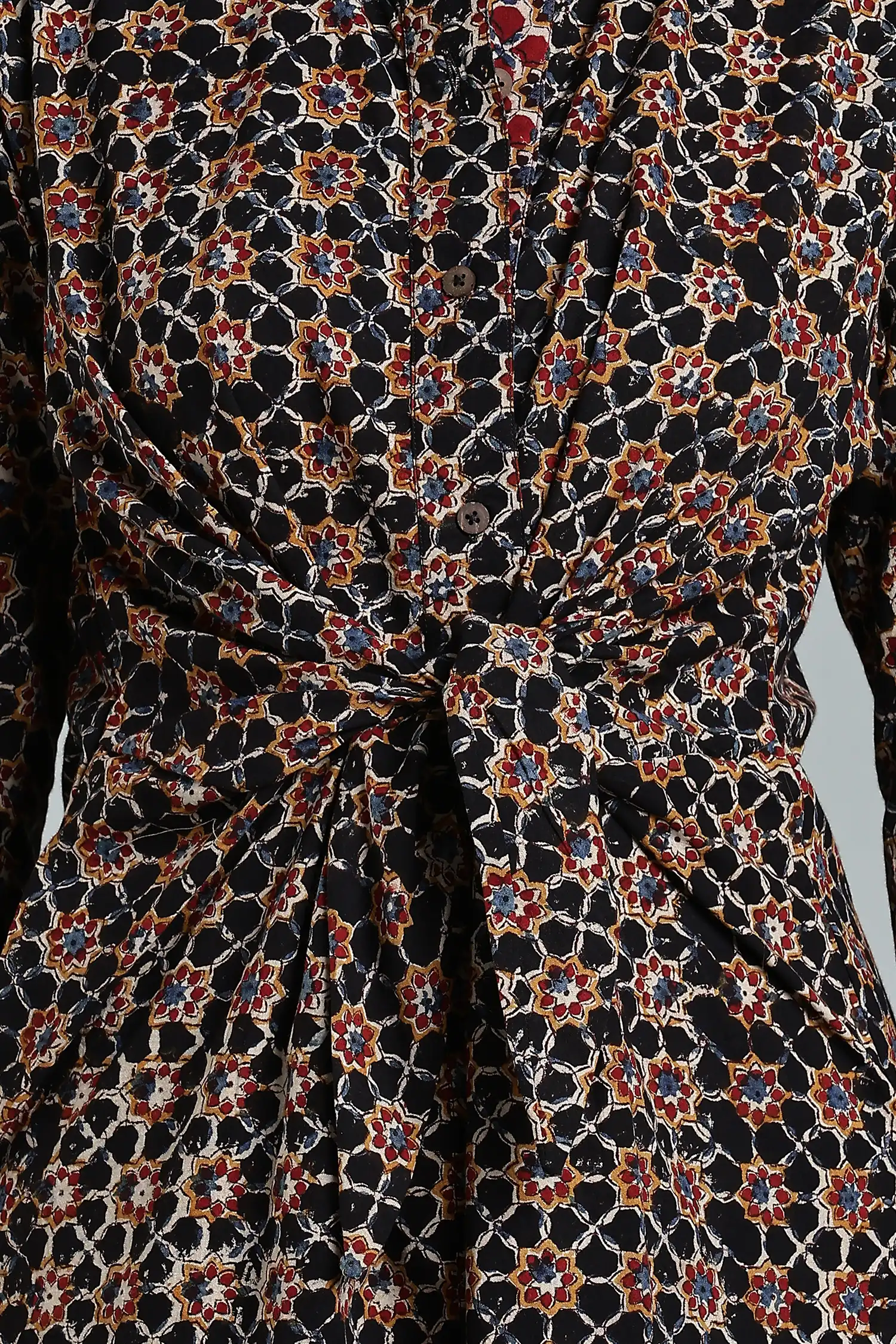 KALAMKARI DRESS BLACK REGULAR COLLAR TIE AT WAIST - BLACK - Image 4