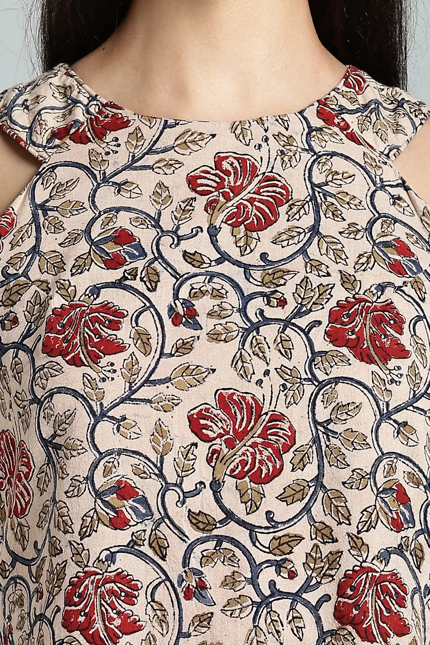 KALAMKARI COTTON DRESS CUT AWAY HIGH LOW HEM - RED - Image 6