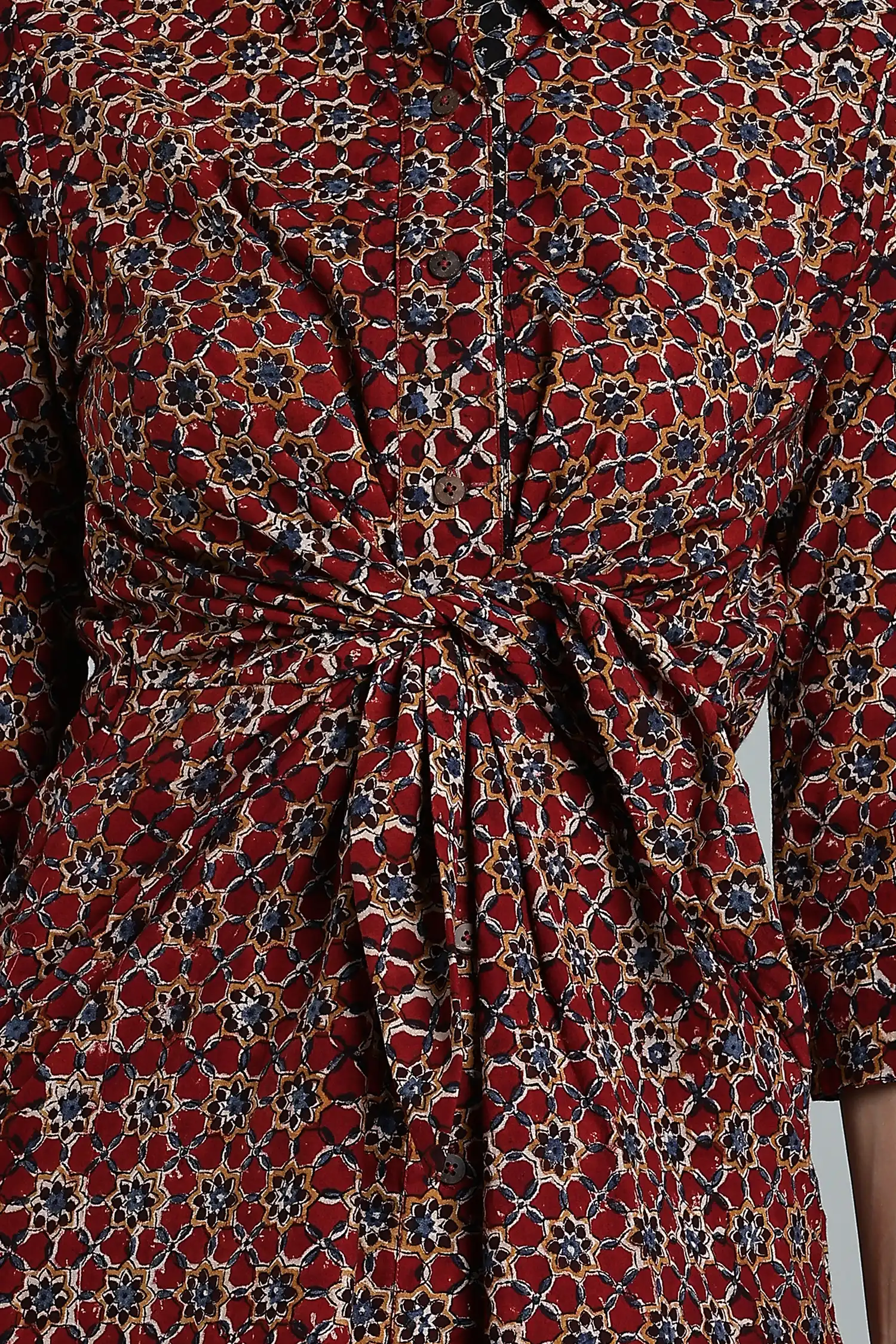 KALAMKARI DRESS RED REGULAR COLLAR TIE AT WAIST - RED - Image 3