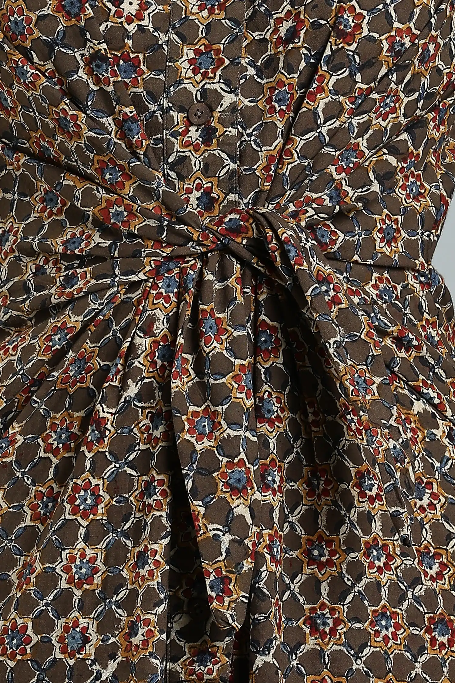 KALAMKARI DRESS GREEN REGULAR COLLAR TIE AT WAIST - GREEN - Image 6