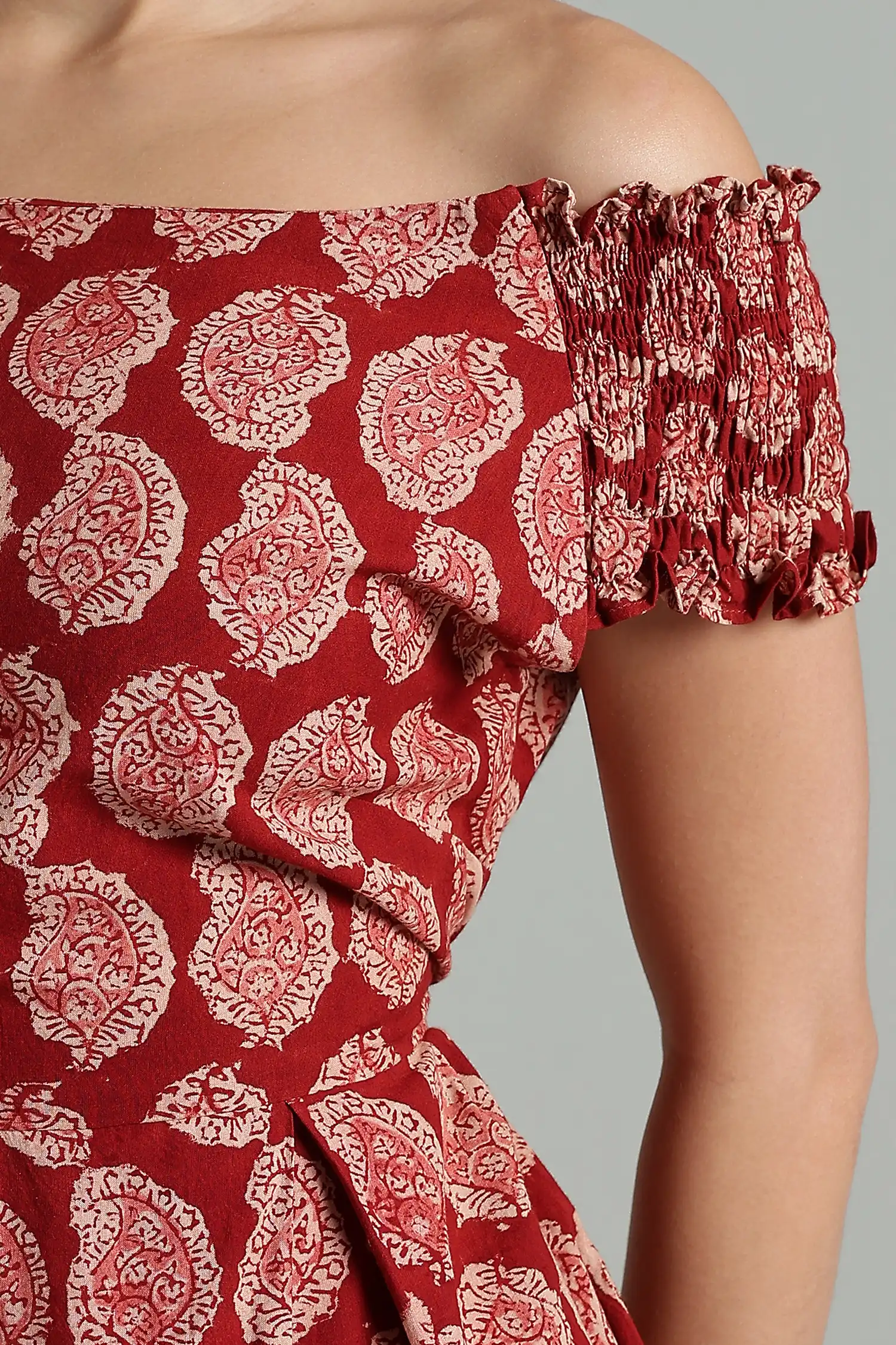 KALAMKARI COTTON DRESS OFF SHOULDER - RED - Image 5