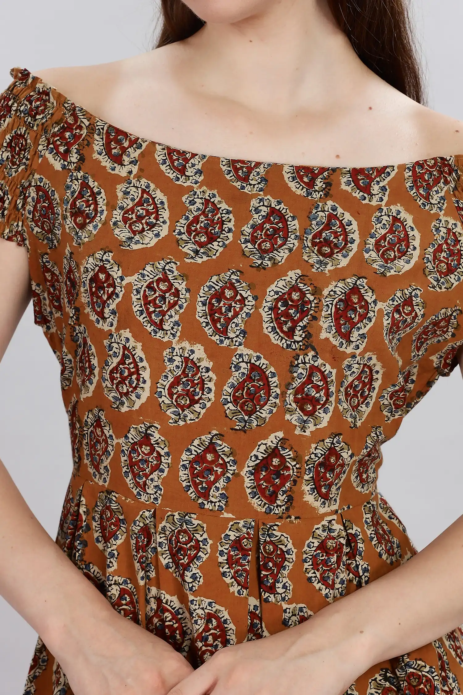 KALAMKARI COTTON DRESS OFF SHOULDER - YELLOW - Image 3