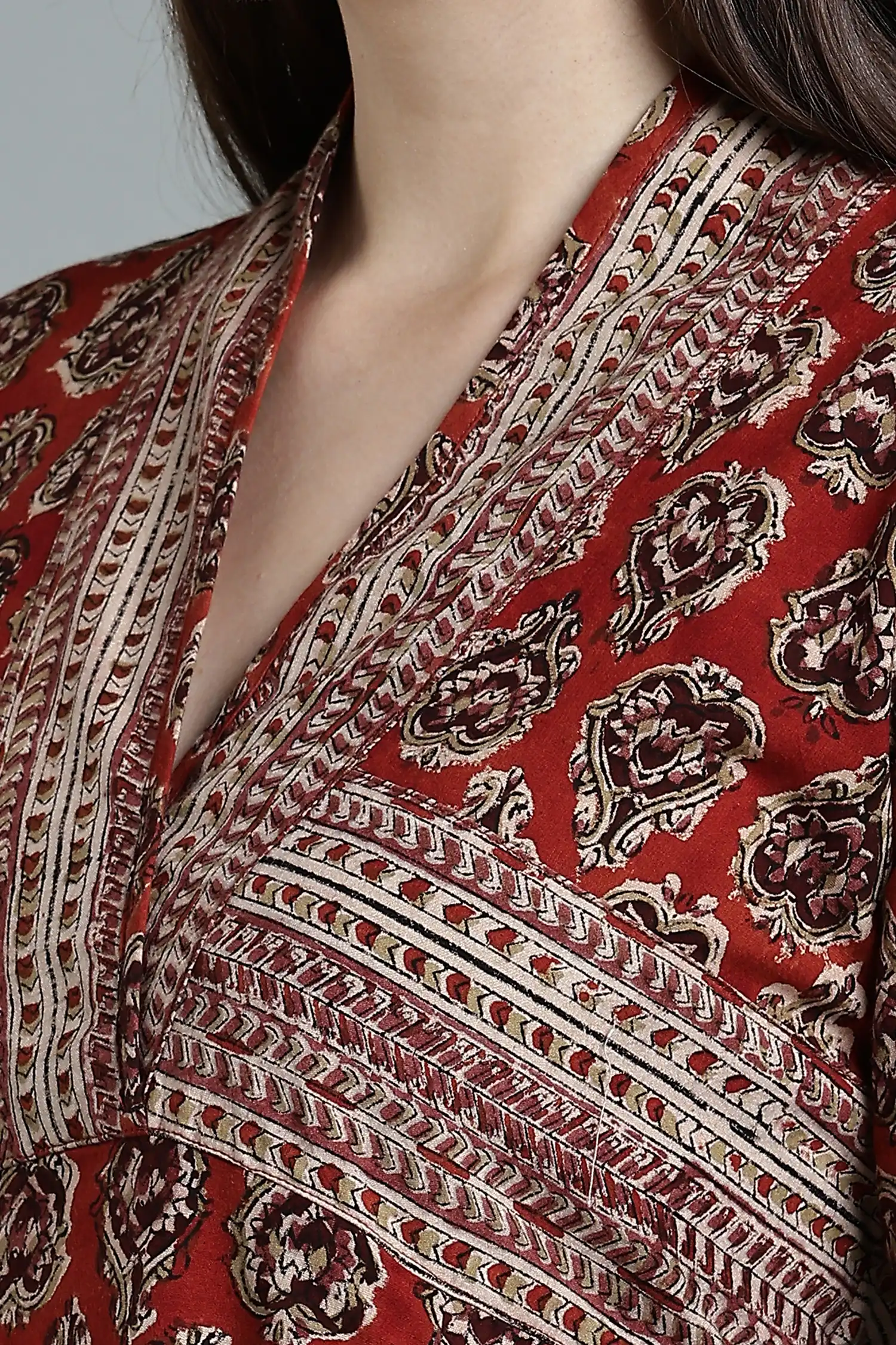 KALAMKARI COTTON DRESS FUNNEL NECK 3Q - RUST - Image 5