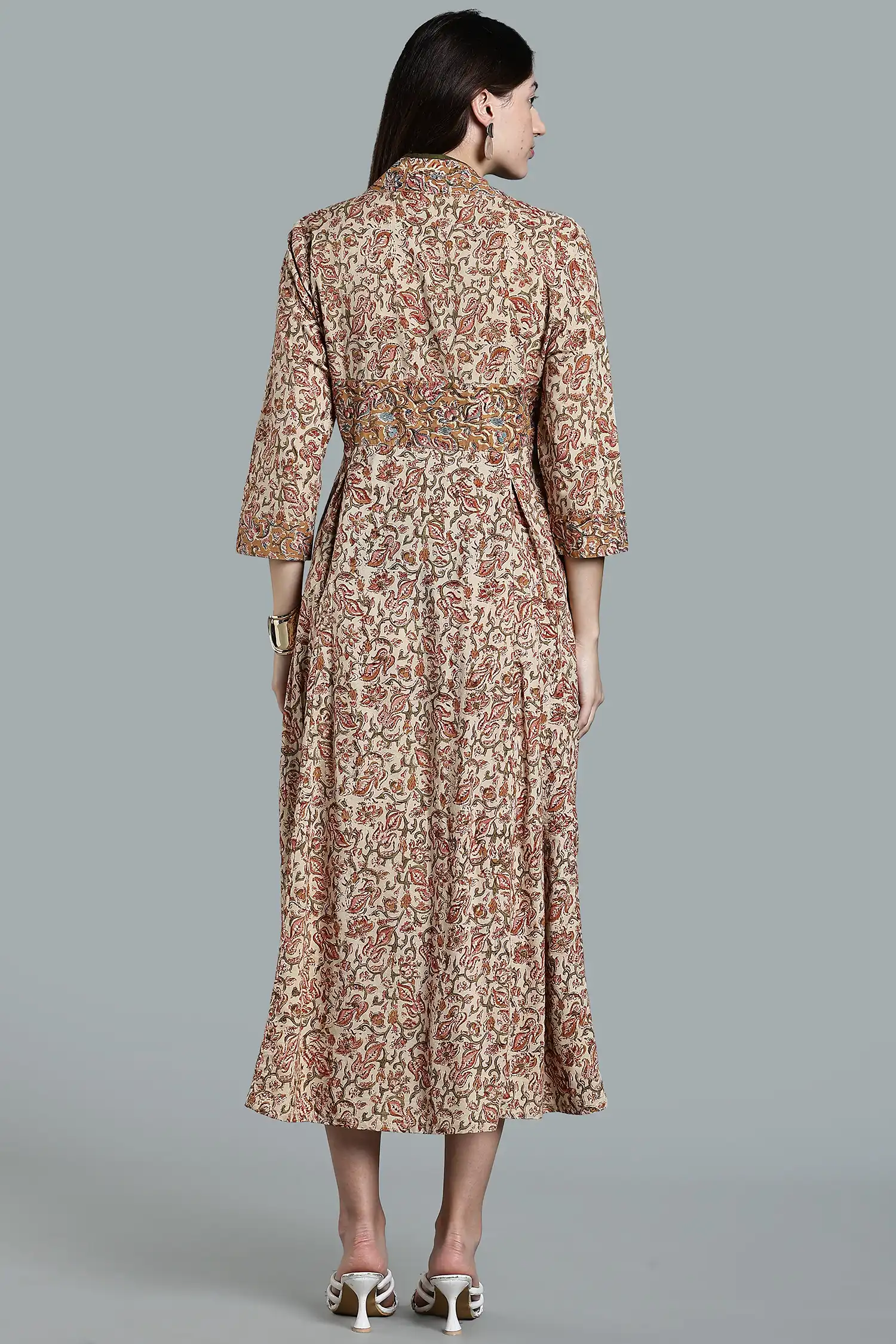 KALAMKARI COTTON DRESS FUNNEL NECK 3Q - YELLOW - Image 2