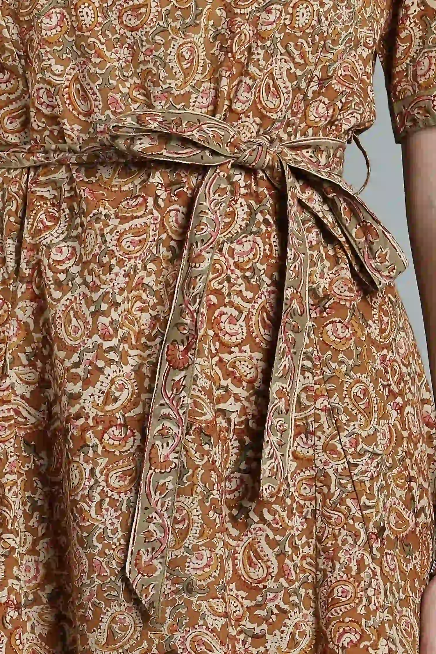 KALAMKARI COTTON DRESS ELBOW SLEEVE BELT DETAIL - YELLOW - Image 5