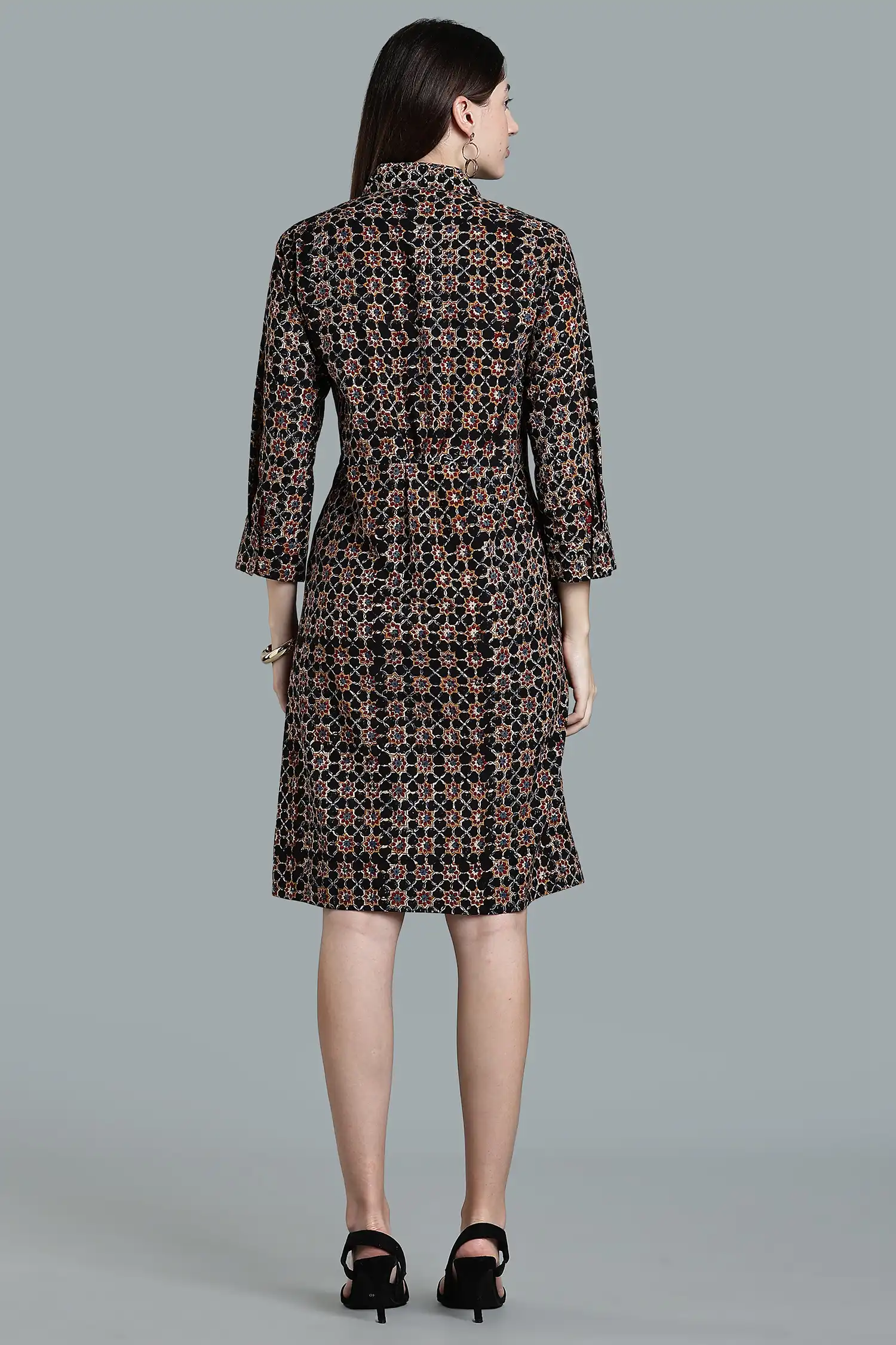 KALAMKARI DRESS BLACK REGULAR COLLAR TIE AT WAIST - BLACK - Image 3