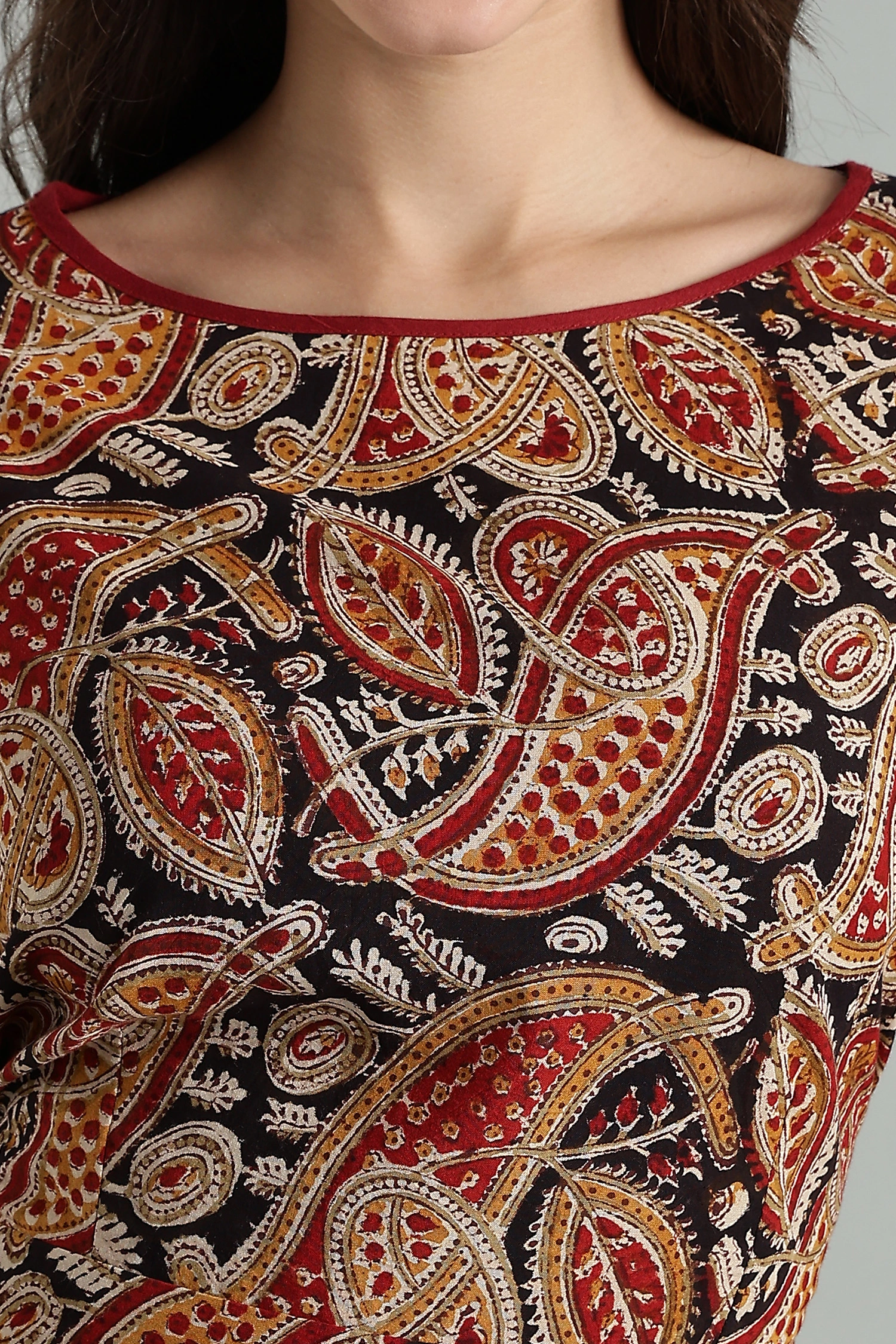 KALAMKARI COTTON DRESS BOAT NECK ASSYMMETRIC HEM - COLA - Image 6