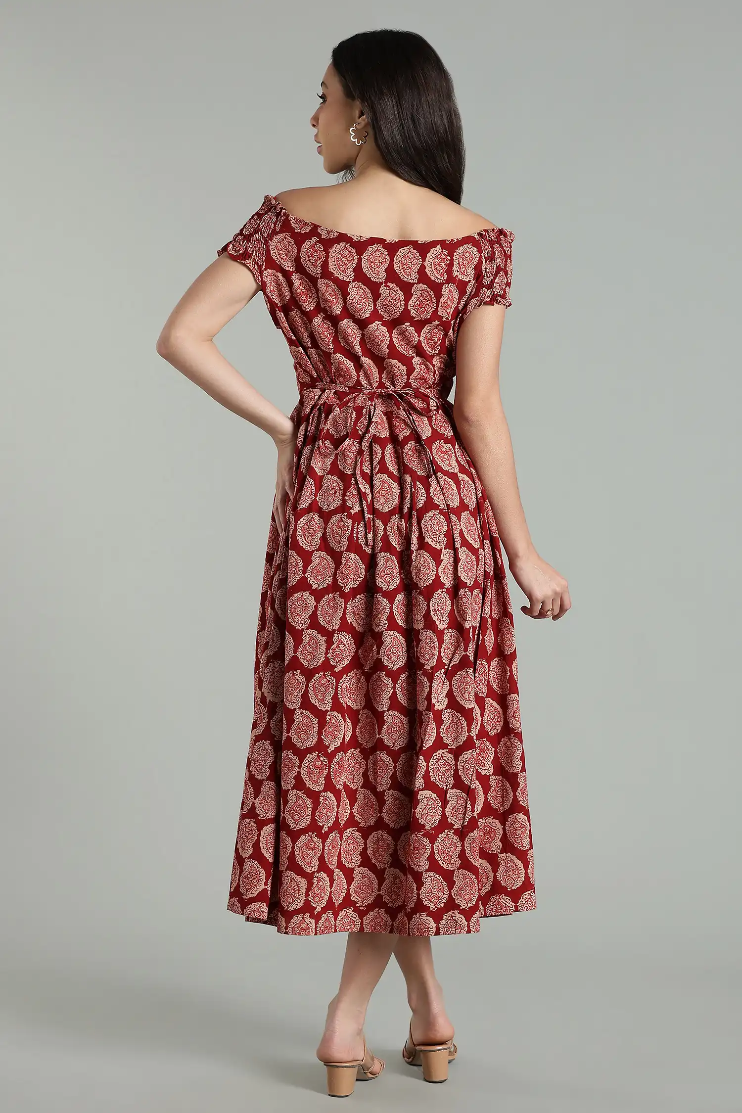 KALAMKARI COTTON DRESS OFF SHOULDER - RED - Image 6