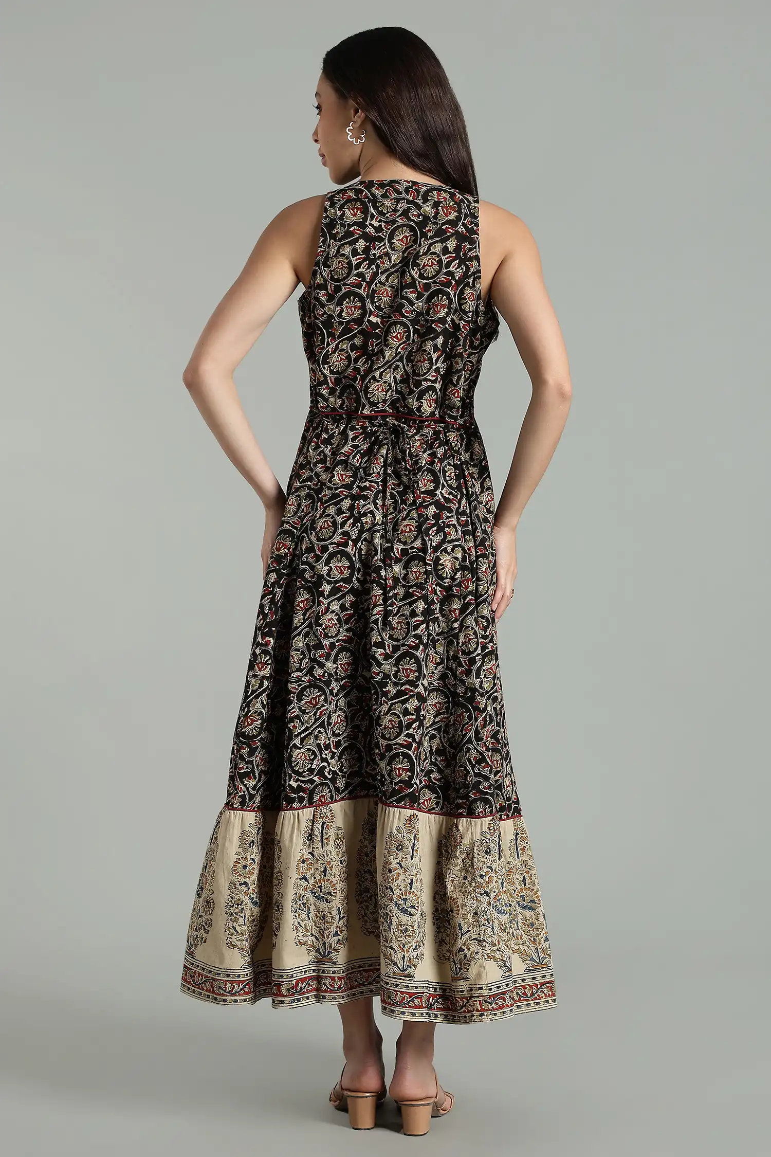 KALAMKARI COTTON DRESS HALTER BORDER TIER - BLACK - Image 2