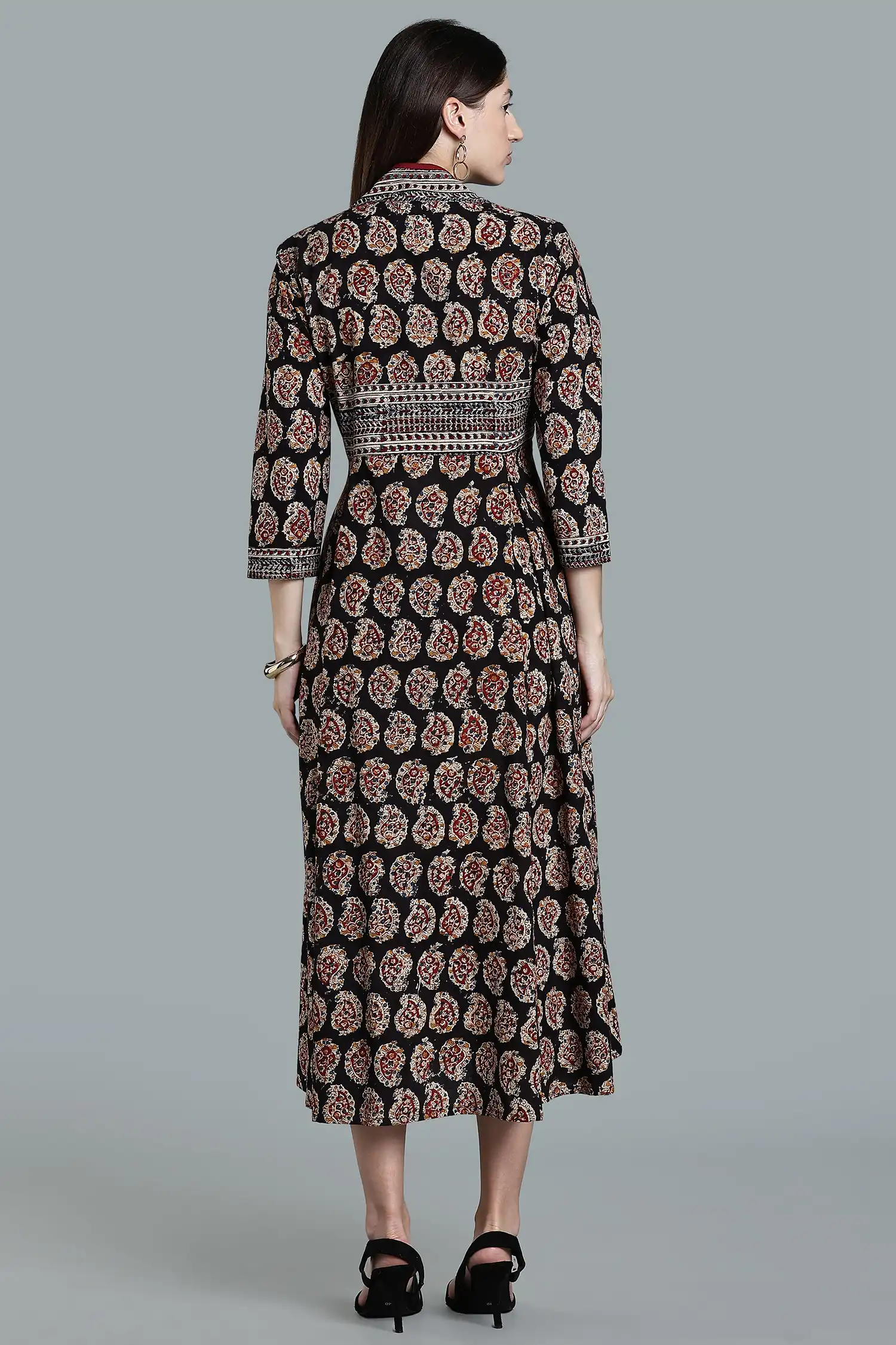 KALAMKARI COTTON DRESS FUNNEL NECK 3Q - BLACK - Image 2