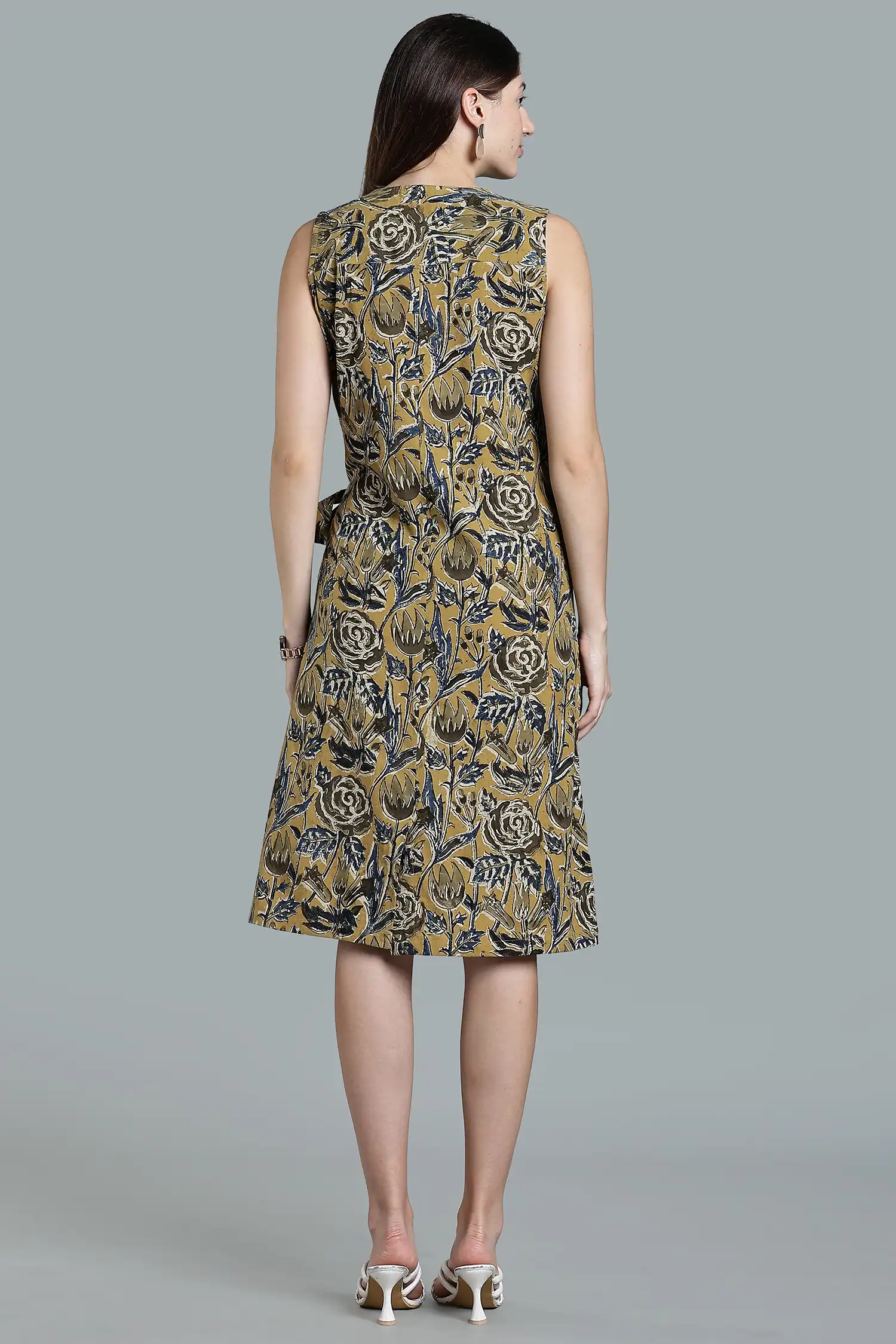 KALAMKARI COTTON DRESS CROSSOVER TIE AT WAIST - YELLOW - Image 2