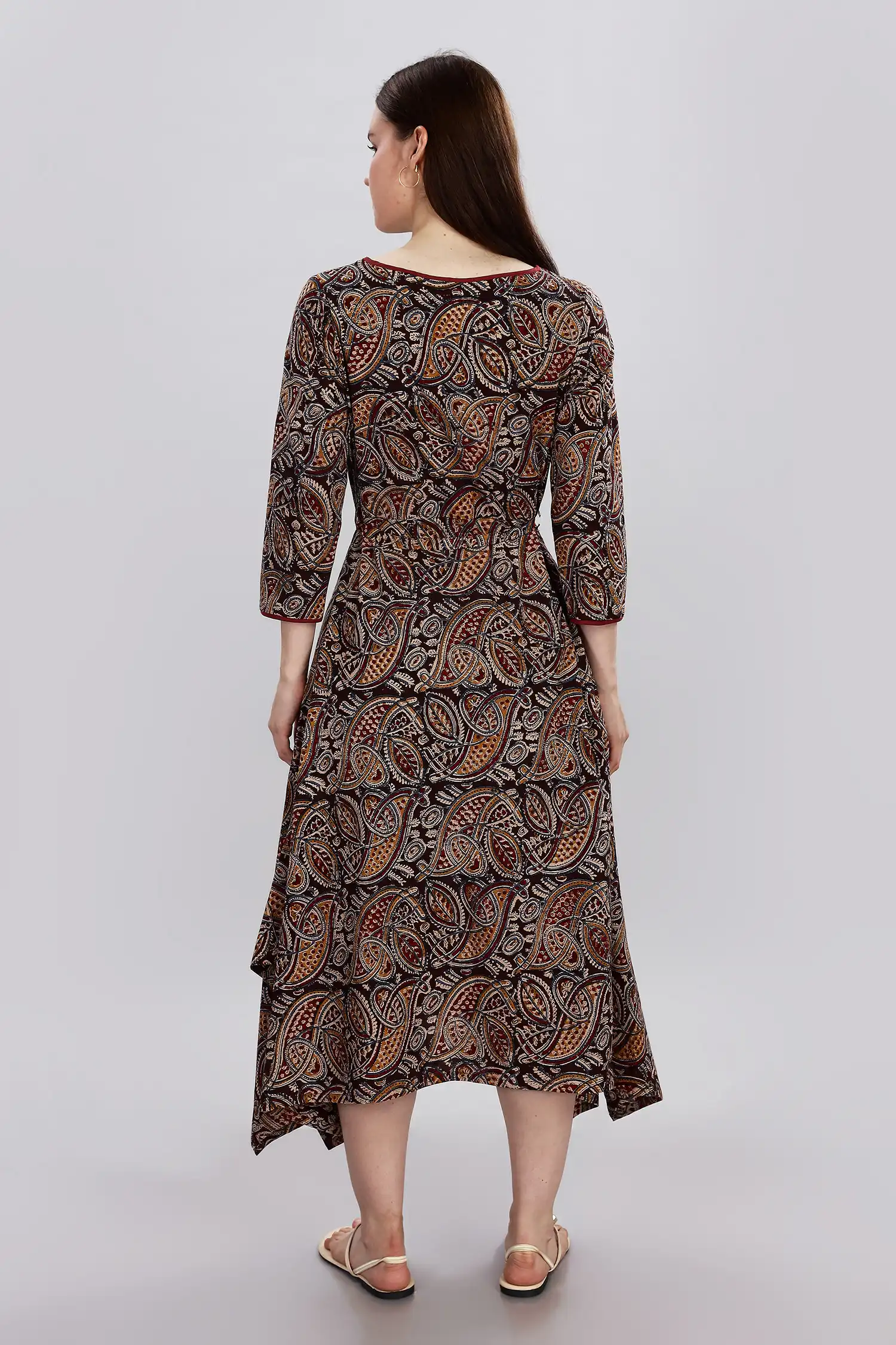 KALAMKARI COTTON DRESS BOAT NECK ASSYMMETRIC HEM - BLACK - Image 3