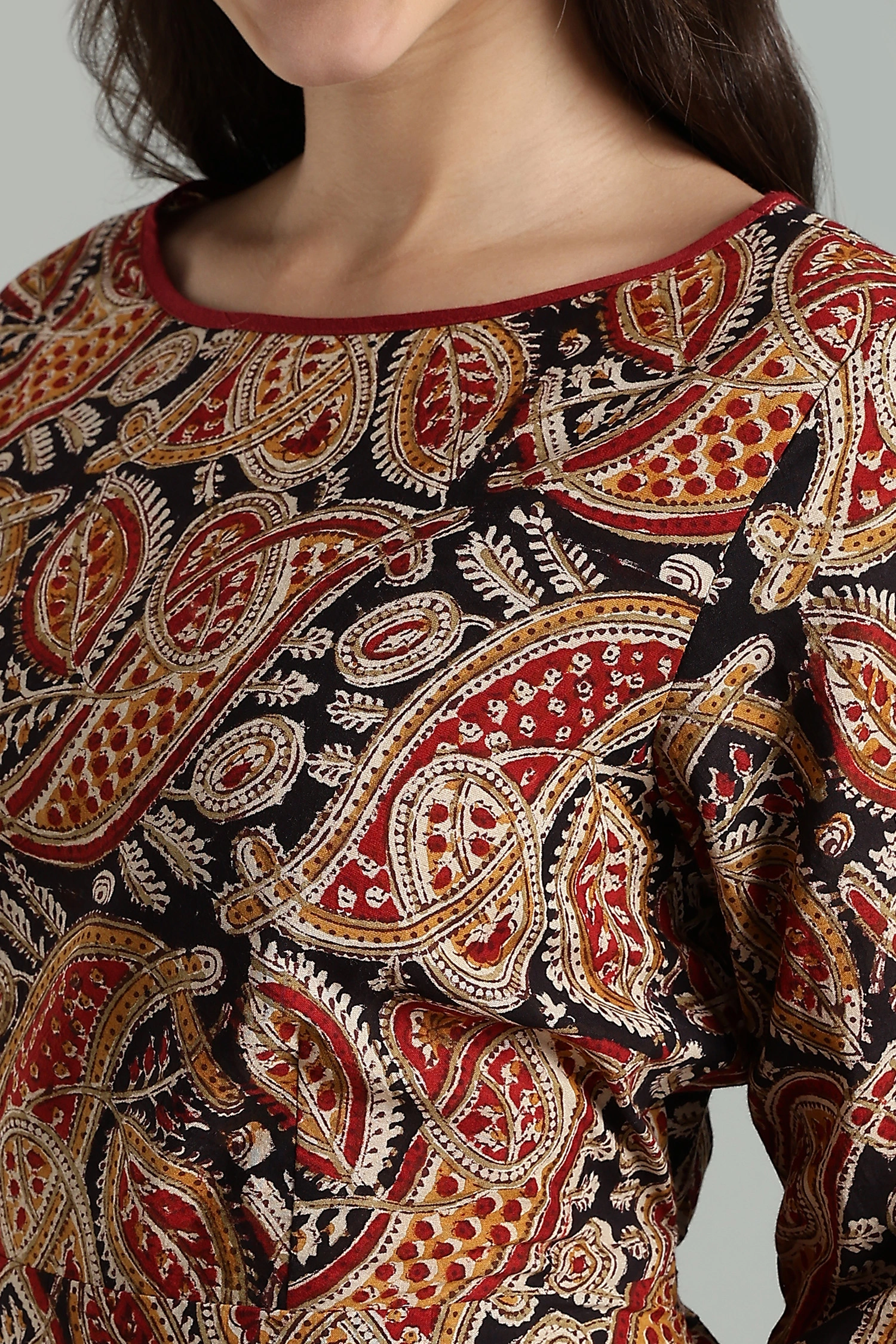 KALAMKARI COTTON DRESS BOAT NECK ASSYMMETRIC HEM - COLA - Image 5