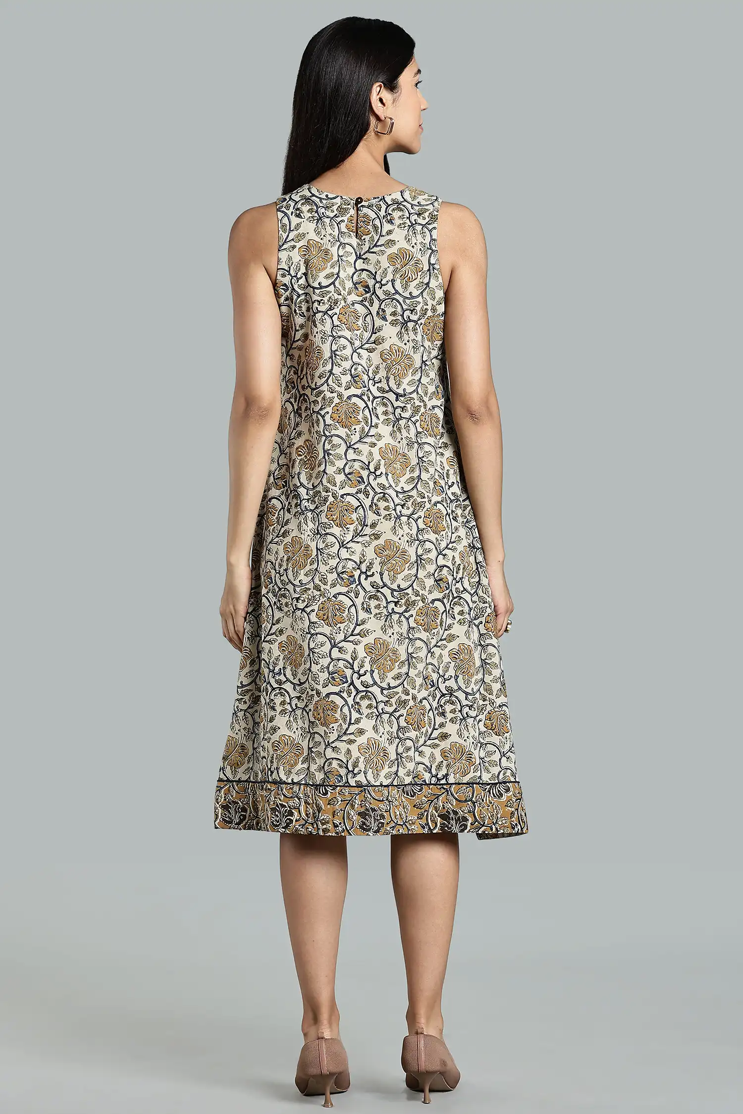 KALAMKARI COTTON DRESS CUT AWAY HIGH LOW HEM - YELLOW - Image 3