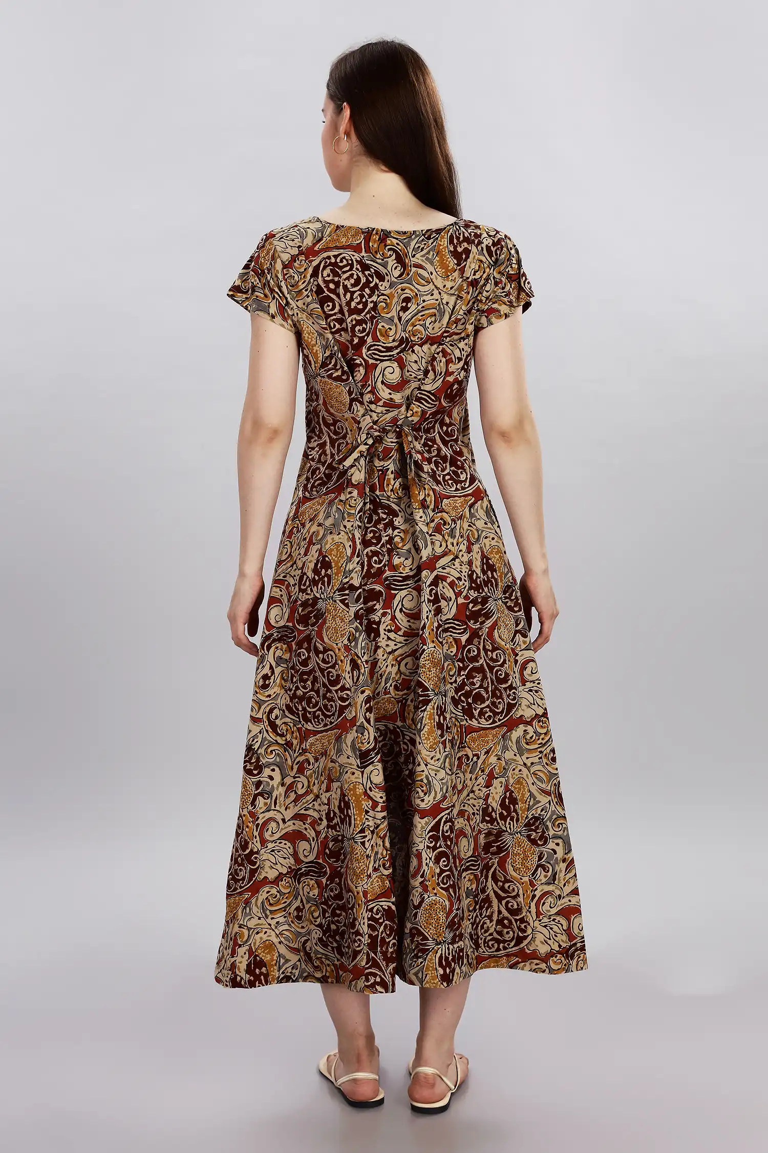 KALAMKARI COTTON DRESS CAP SLEEVES HIGH LOW HEM - COLA - Image 5