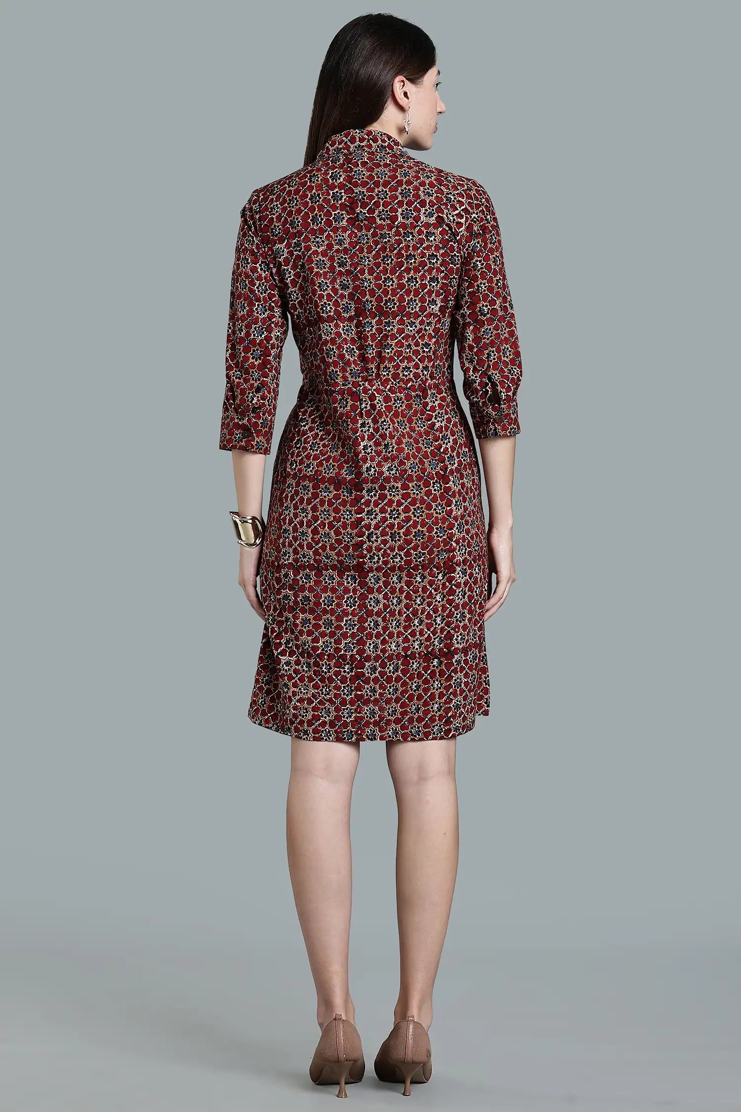 KALAMKARI DRESS RED REGULAR COLLAR TIE AT WAIST - RED - Image 5