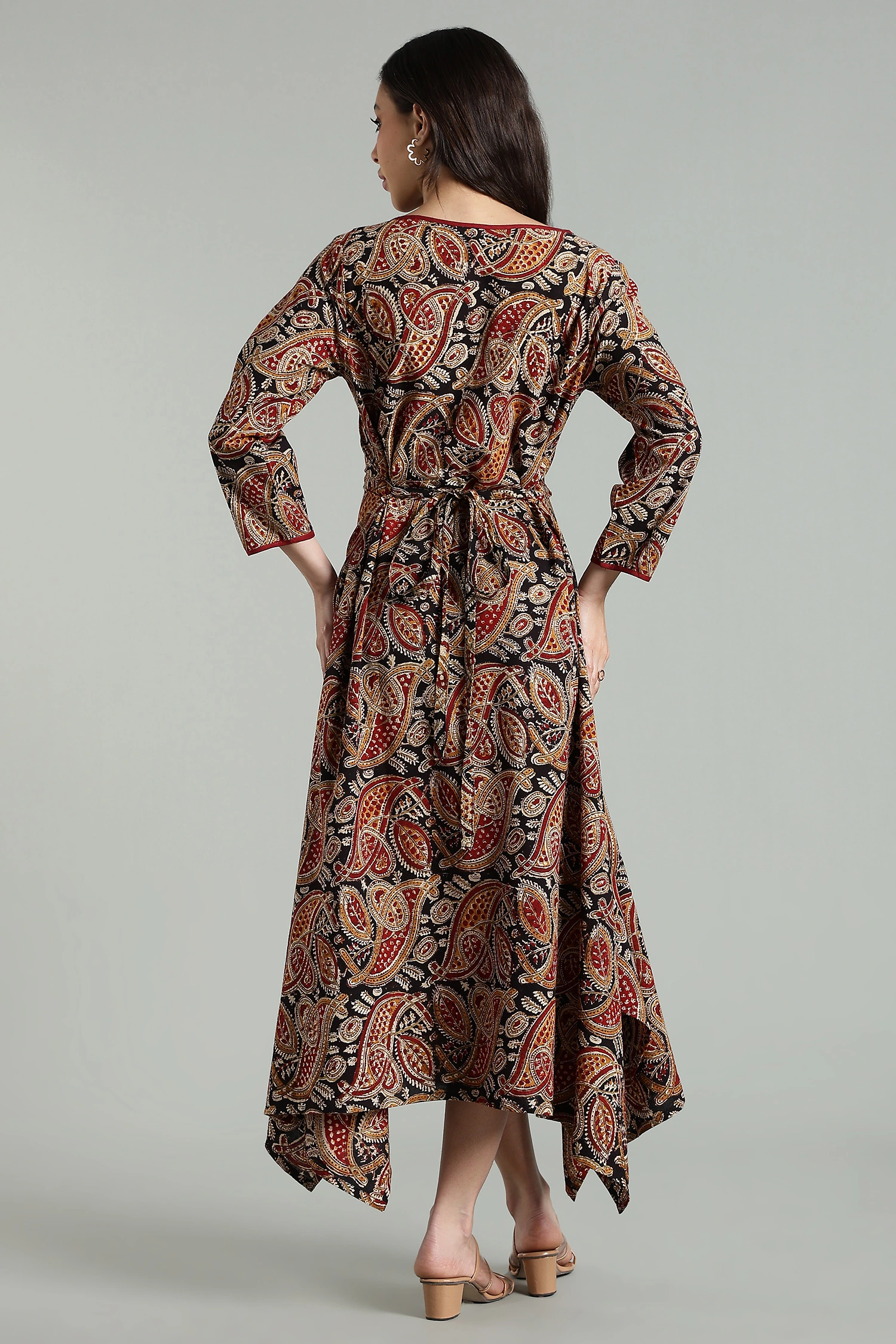 KALAMKARI COTTON DRESS BOAT NECK ASSYMMETRIC HEM - COLA - Image 3
