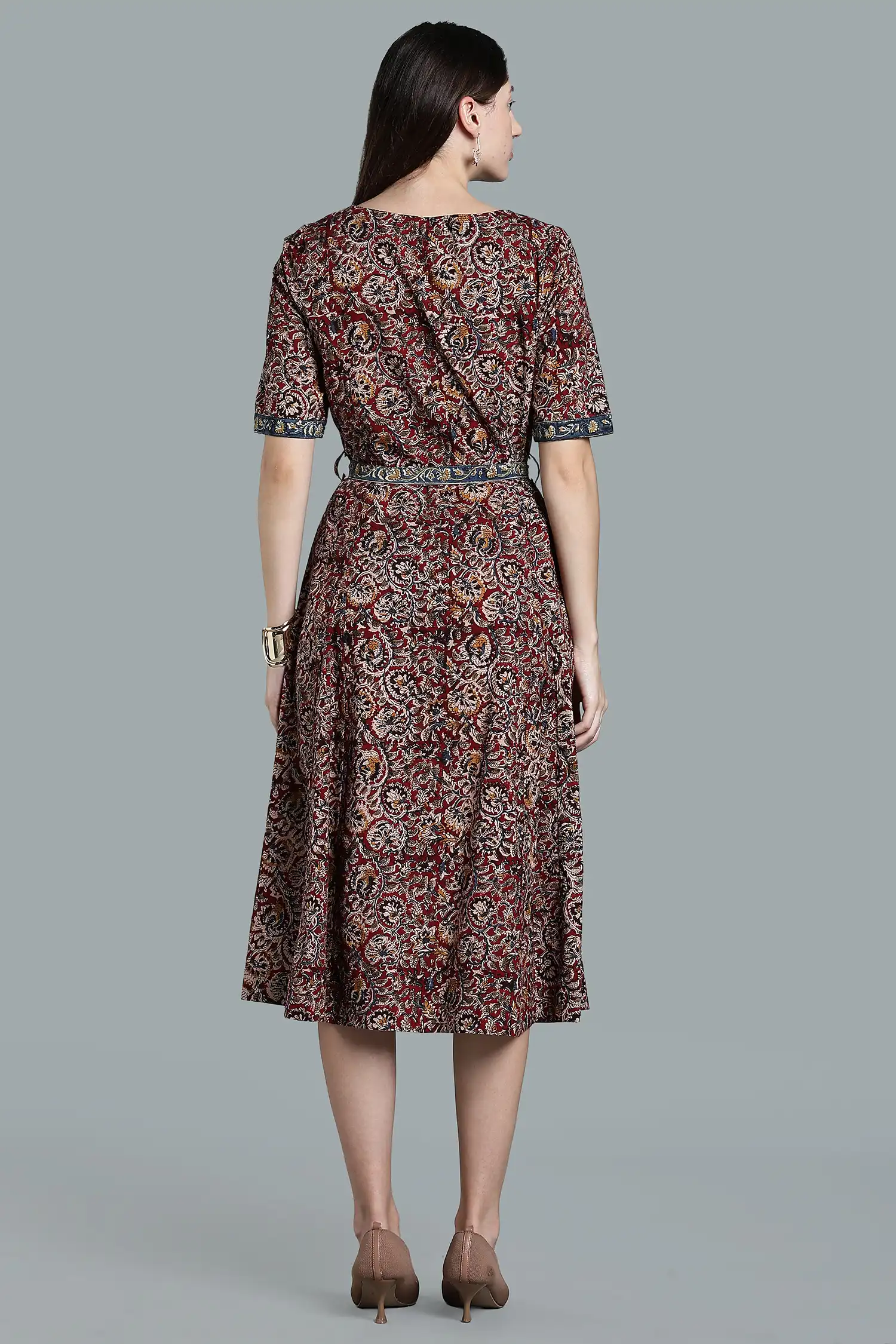 KALAMKARI COTTON DRESS ELBOW SLEEVE BELT DETAIL - RED - Image 7