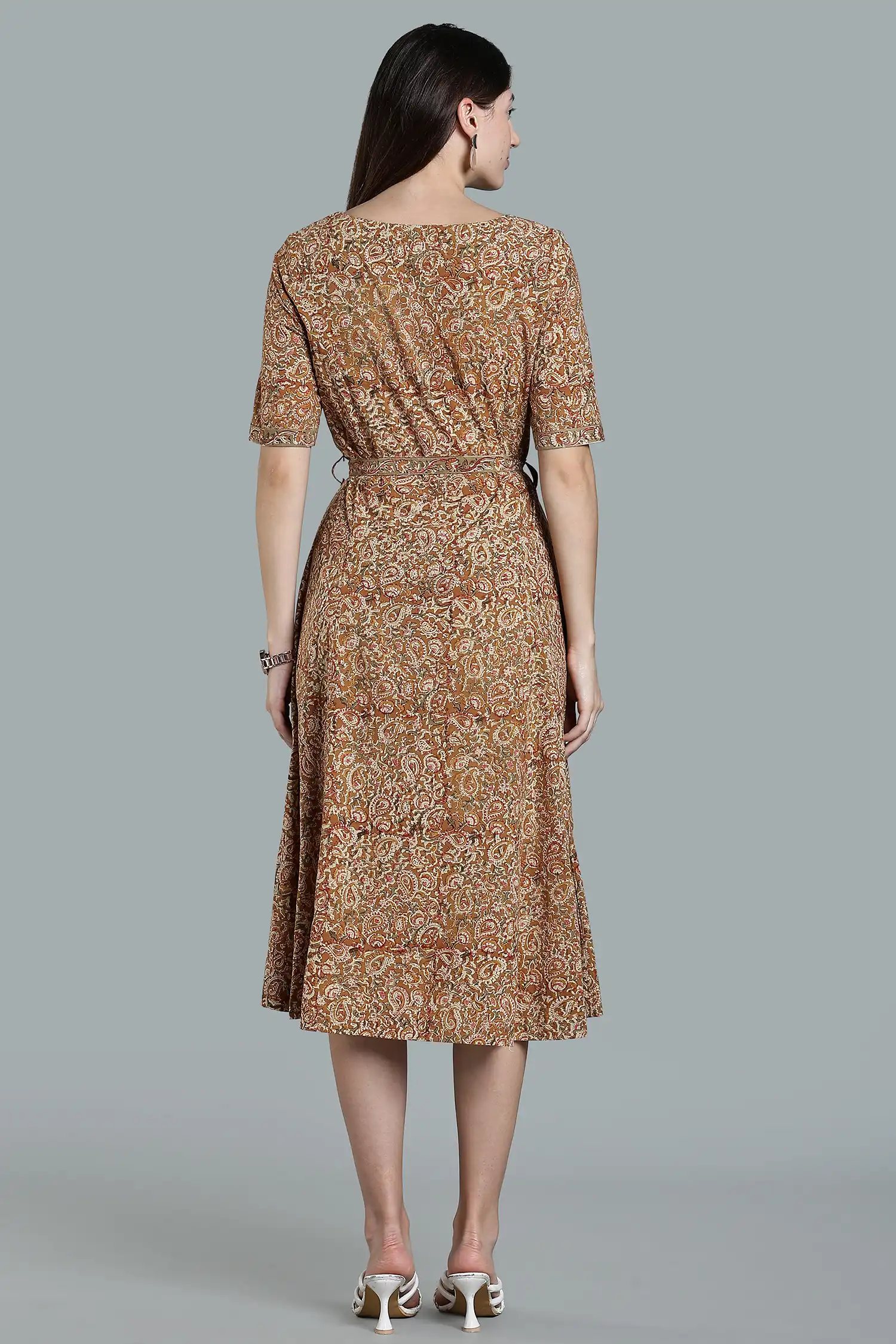 KALAMKARI COTTON DRESS ELBOW SLEEVE BELT DETAIL - YELLOW - Image 2