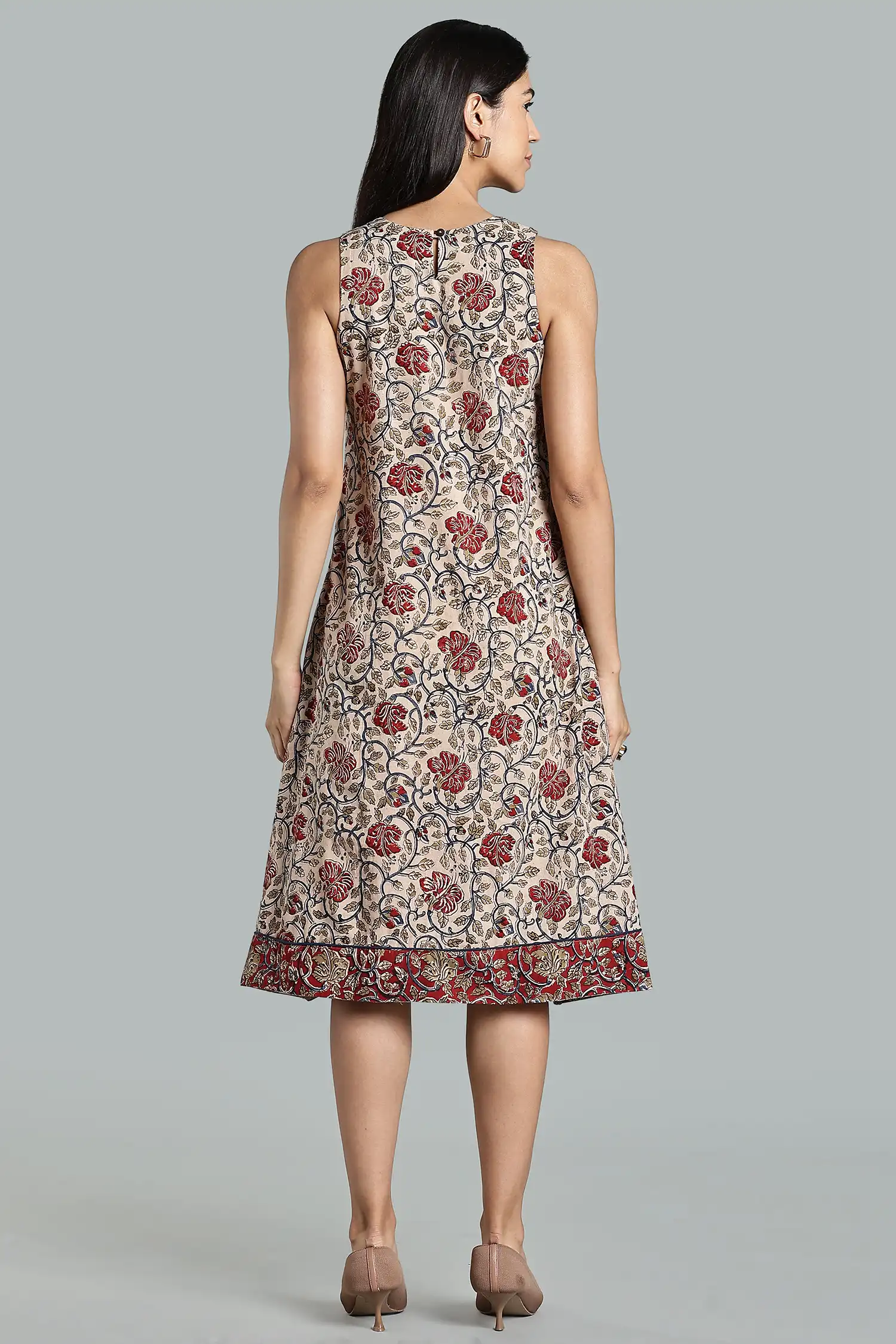 KALAMKARI COTTON DRESS CUT AWAY HIGH LOW HEM - RED - Image 3