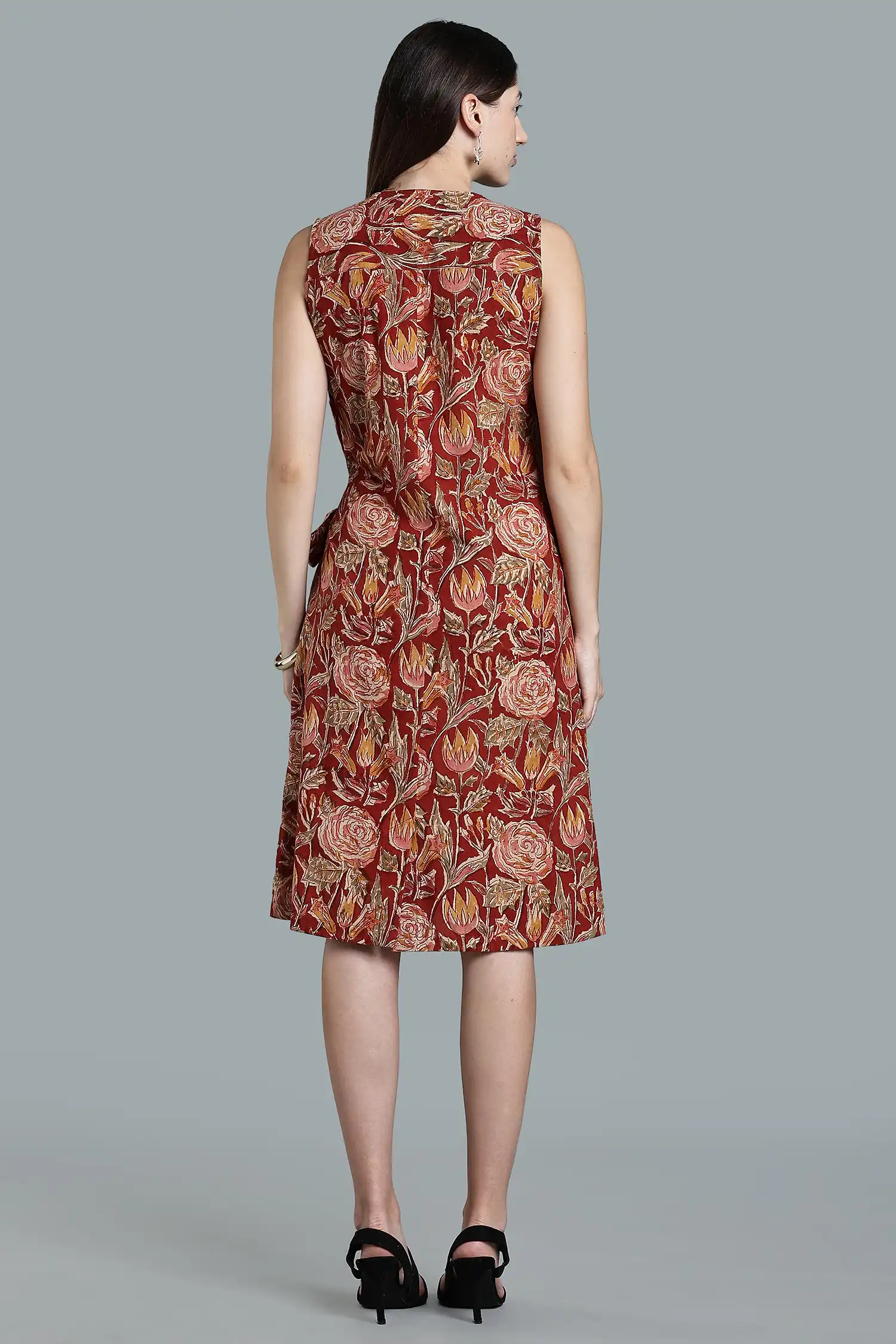 KALAMKARI COTTON DRESS CROSSOVER TIE AT WAIST - ORANGE - Image 7