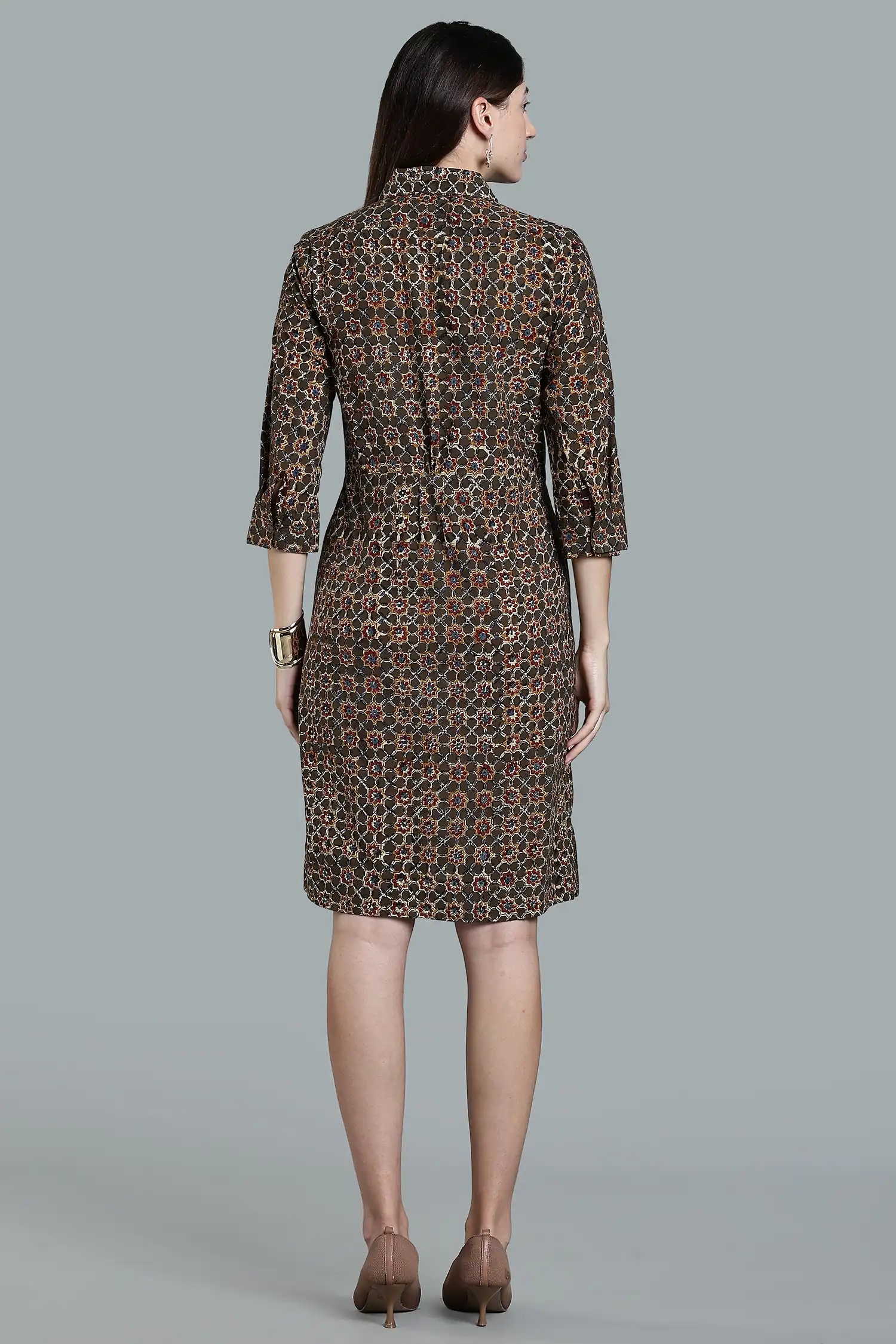 KALAMKARI DRESS GREEN REGULAR COLLAR TIE AT WAIST - GREEN - Image 3