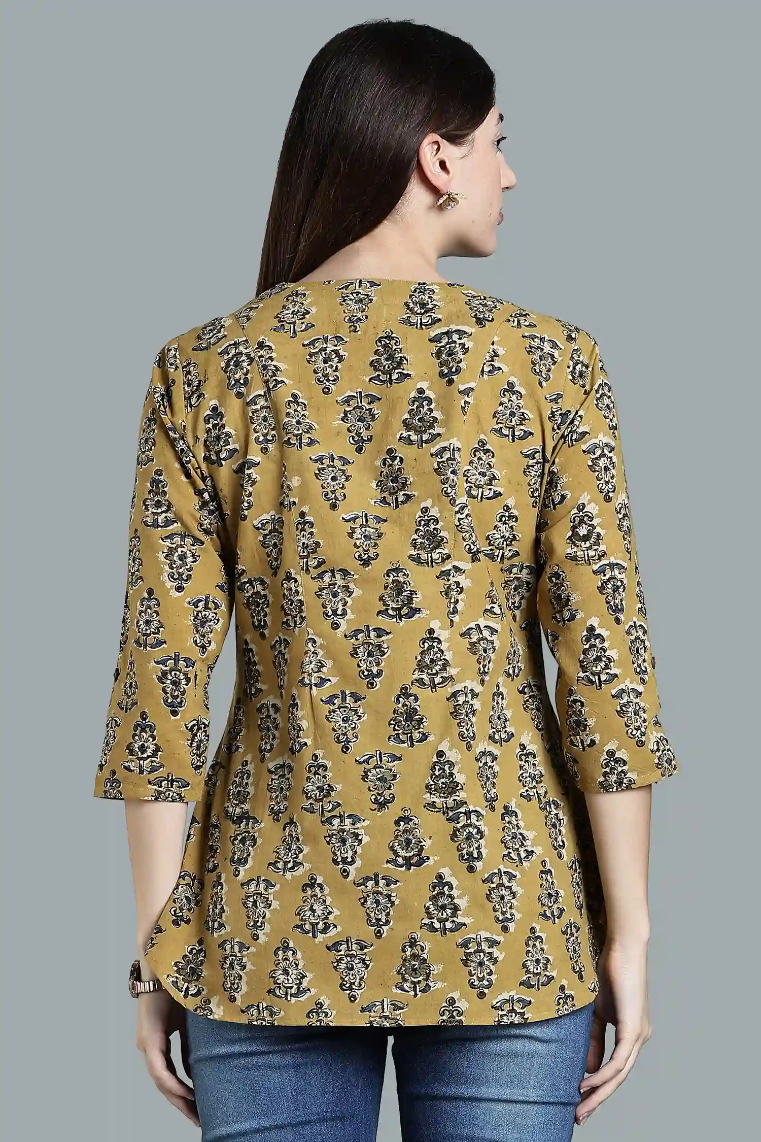 KALAMKARI COTTON TOP SHOULDER DART 3Q  SLEEVE YELLOW - Image 3