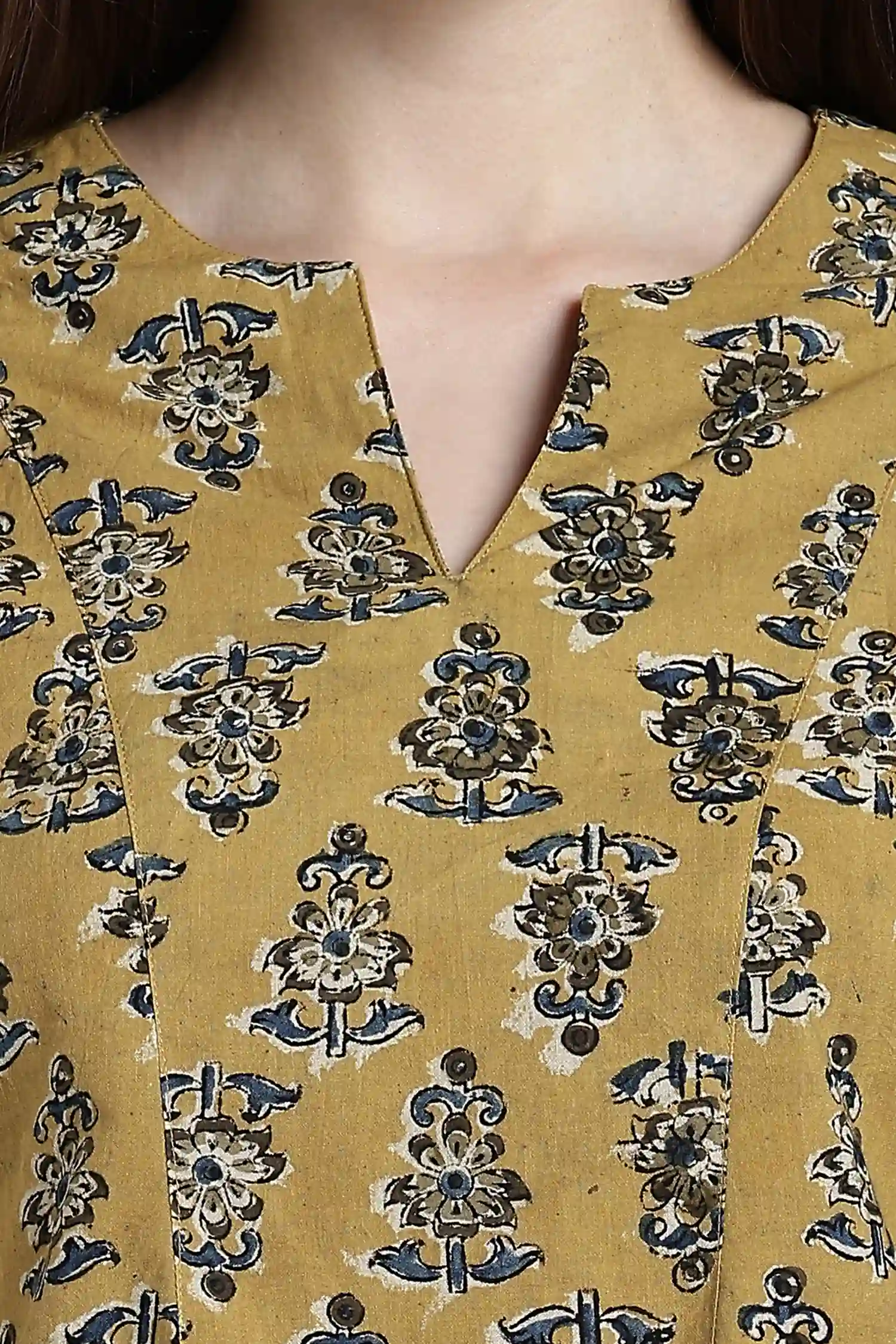 KALAMKARI COTTON TOP SHOULDER DART 3Q  SLEEVE YELLOW - Image 4