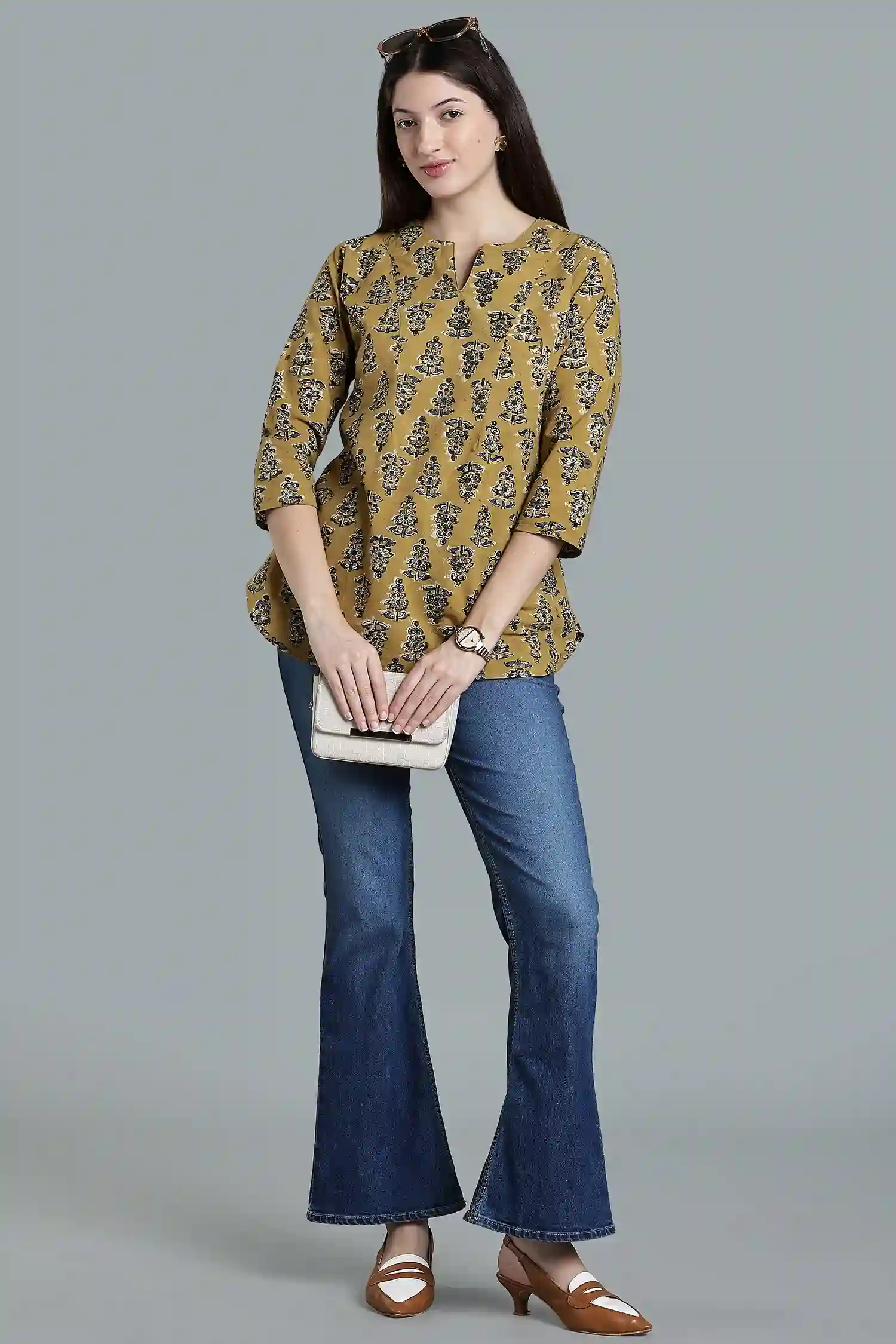 KALAMKARI COTTON TOP SHOULDER DART 3Q  SLEEVE YELLOW - Image 5