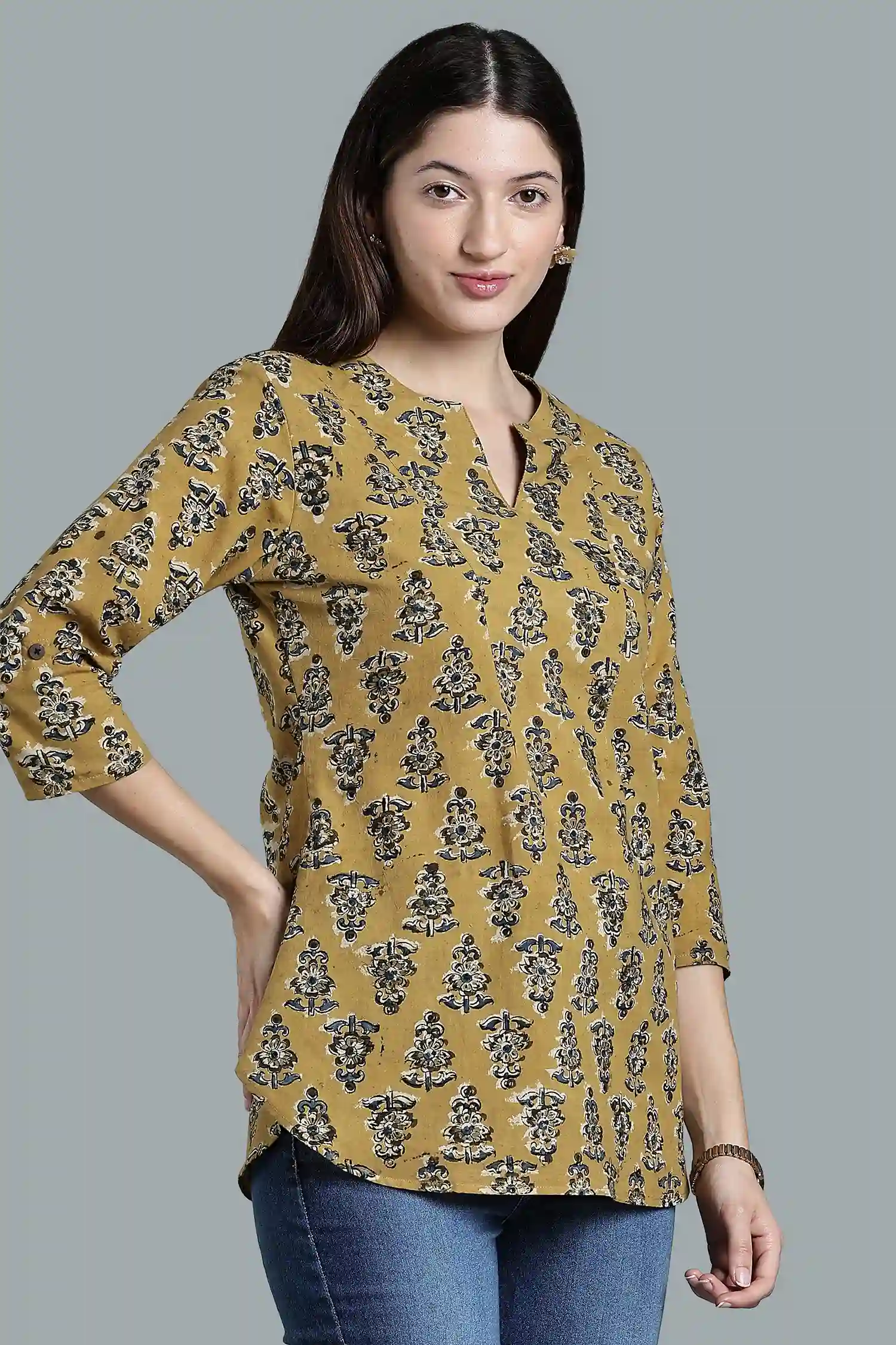 KALAMKARI COTTON TOP SHOULDER DART 3Q  SLEEVE YELLOW - Image 6