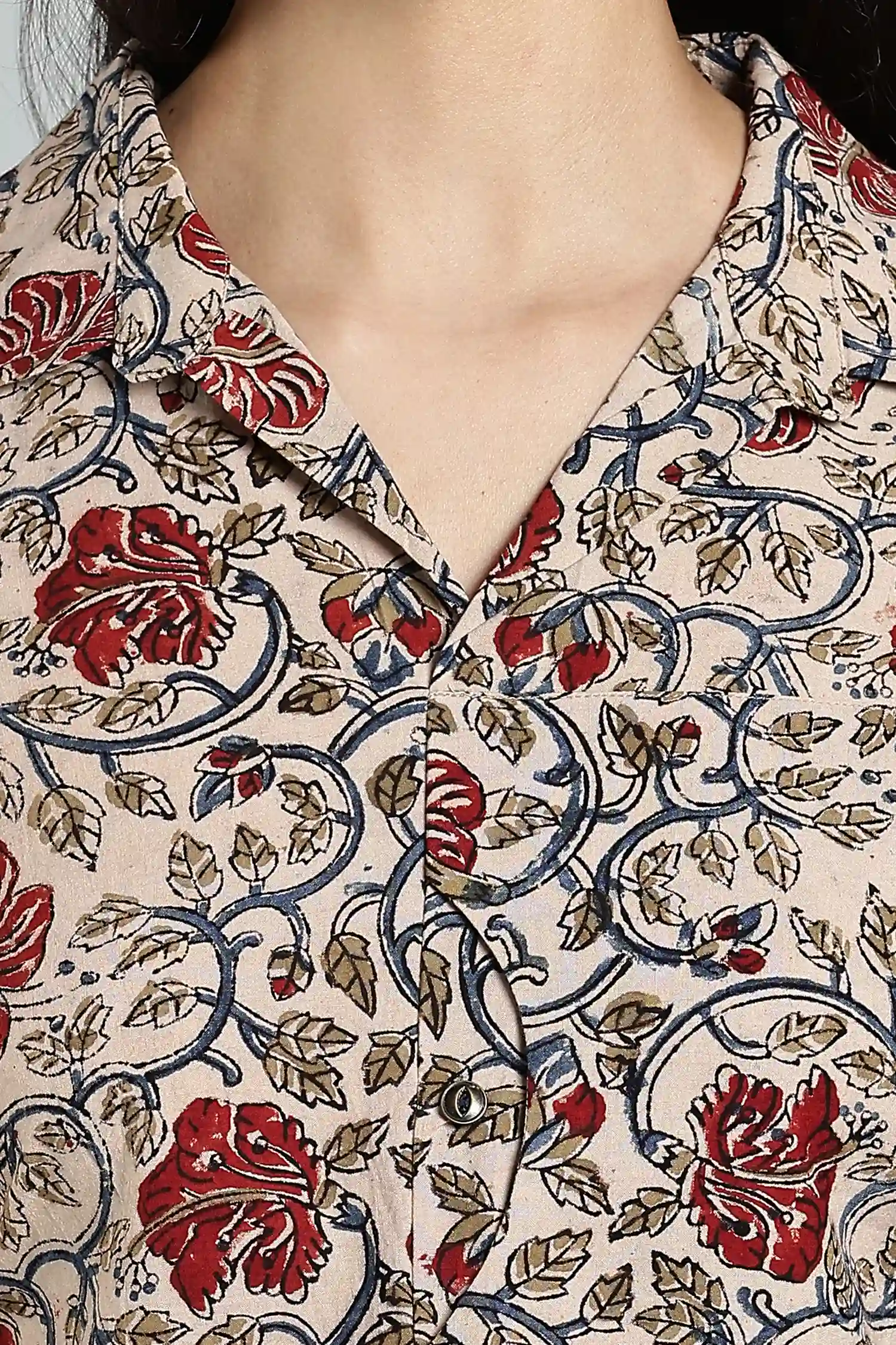 KALAMKARI COTTON TOP SLEEVELESS PLACKET & POCKET DETAIL RED FLOWER - Image 4