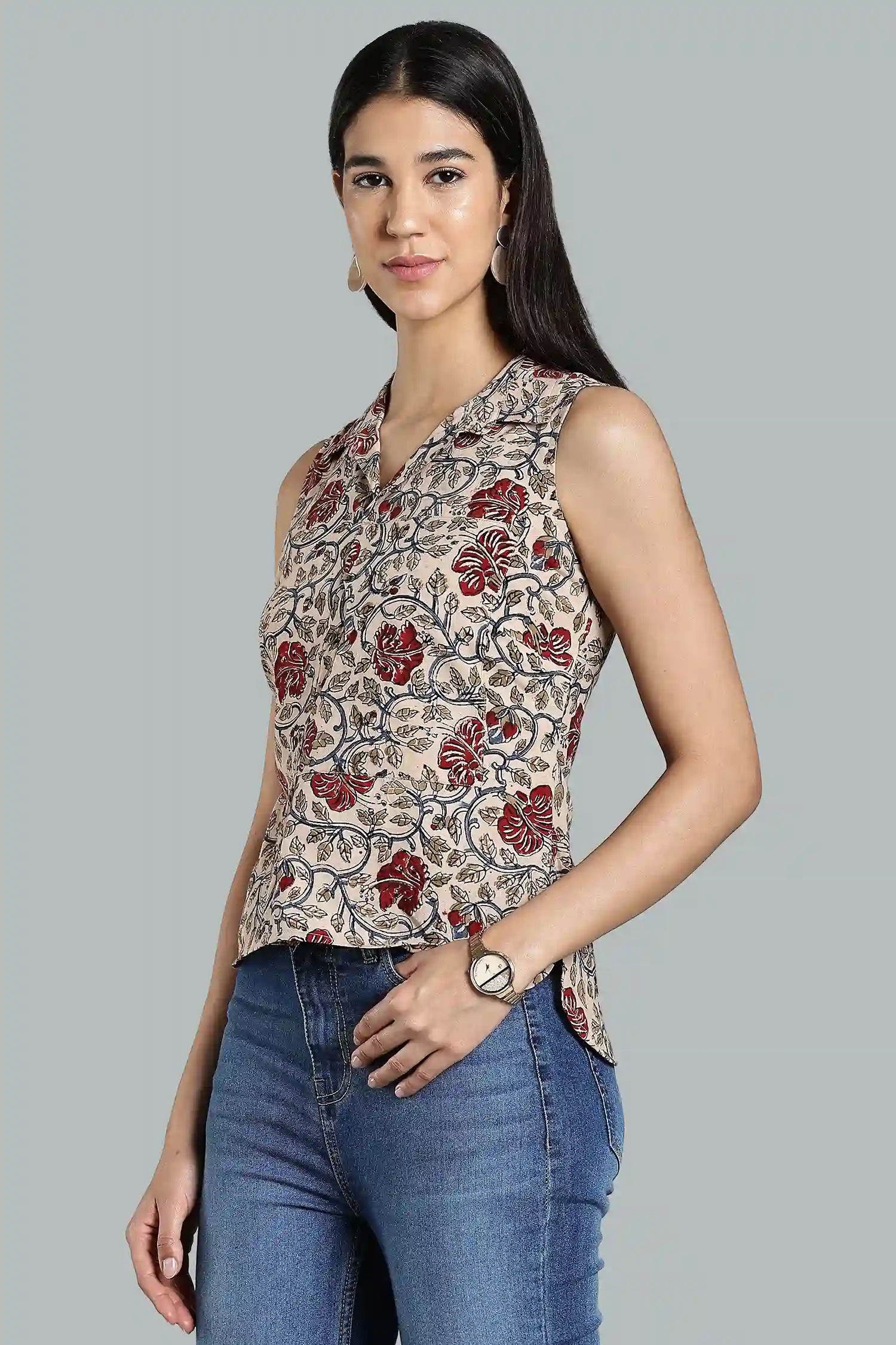 KALAMKARI COTTON TOP SLEEVELESS PLACKET & POCKET DETAIL RED FLOWER - Image 5
