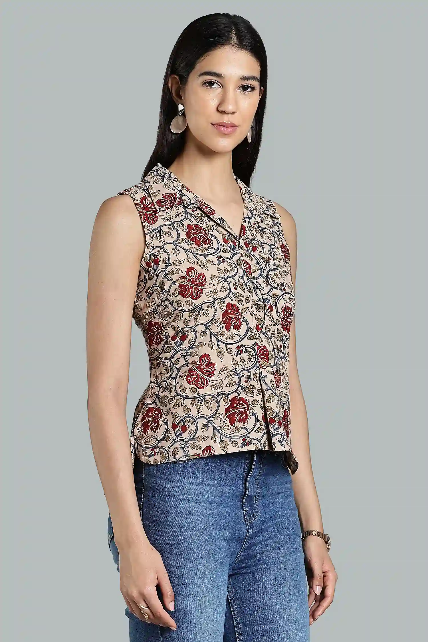 KALAMKARI COTTON TOP SLEEVELESS PLACKET & POCKET DETAIL RED FLOWER - Image 6