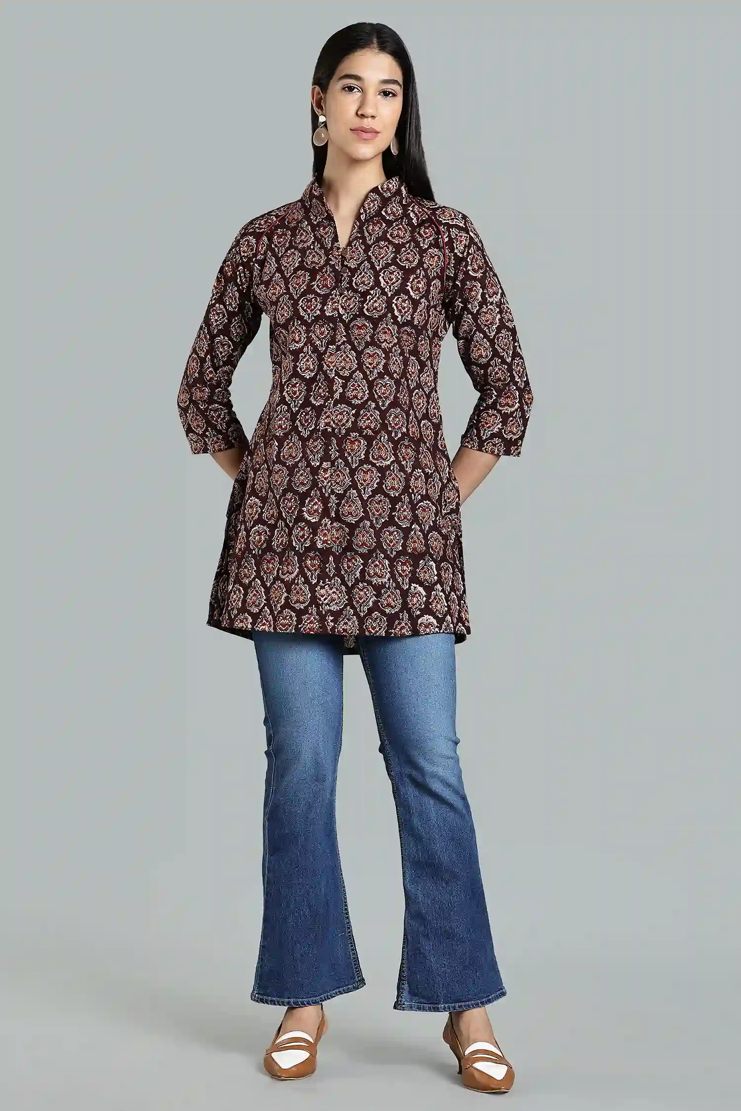 KALAMKARI COTTON TUNIC RAGLAN HIGH NECK COLA