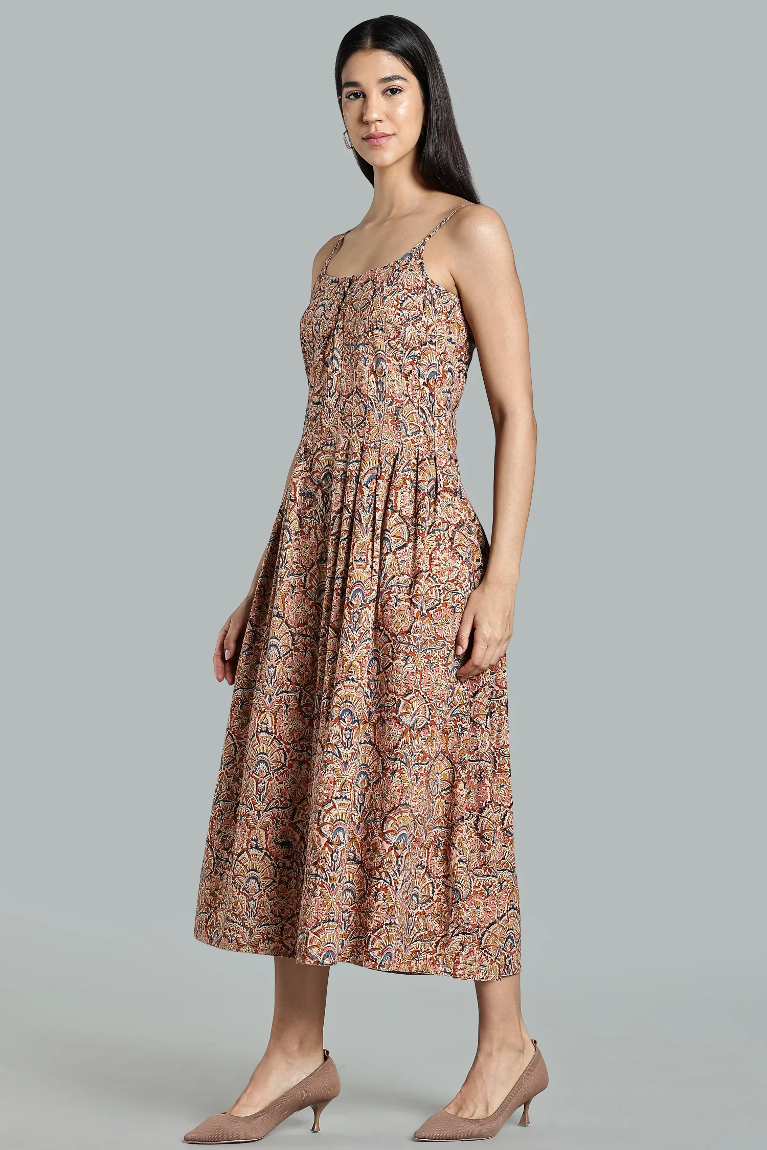 KALAMKARI COTTON DRESS PLEATED STRAP - ORANGE - Image 5