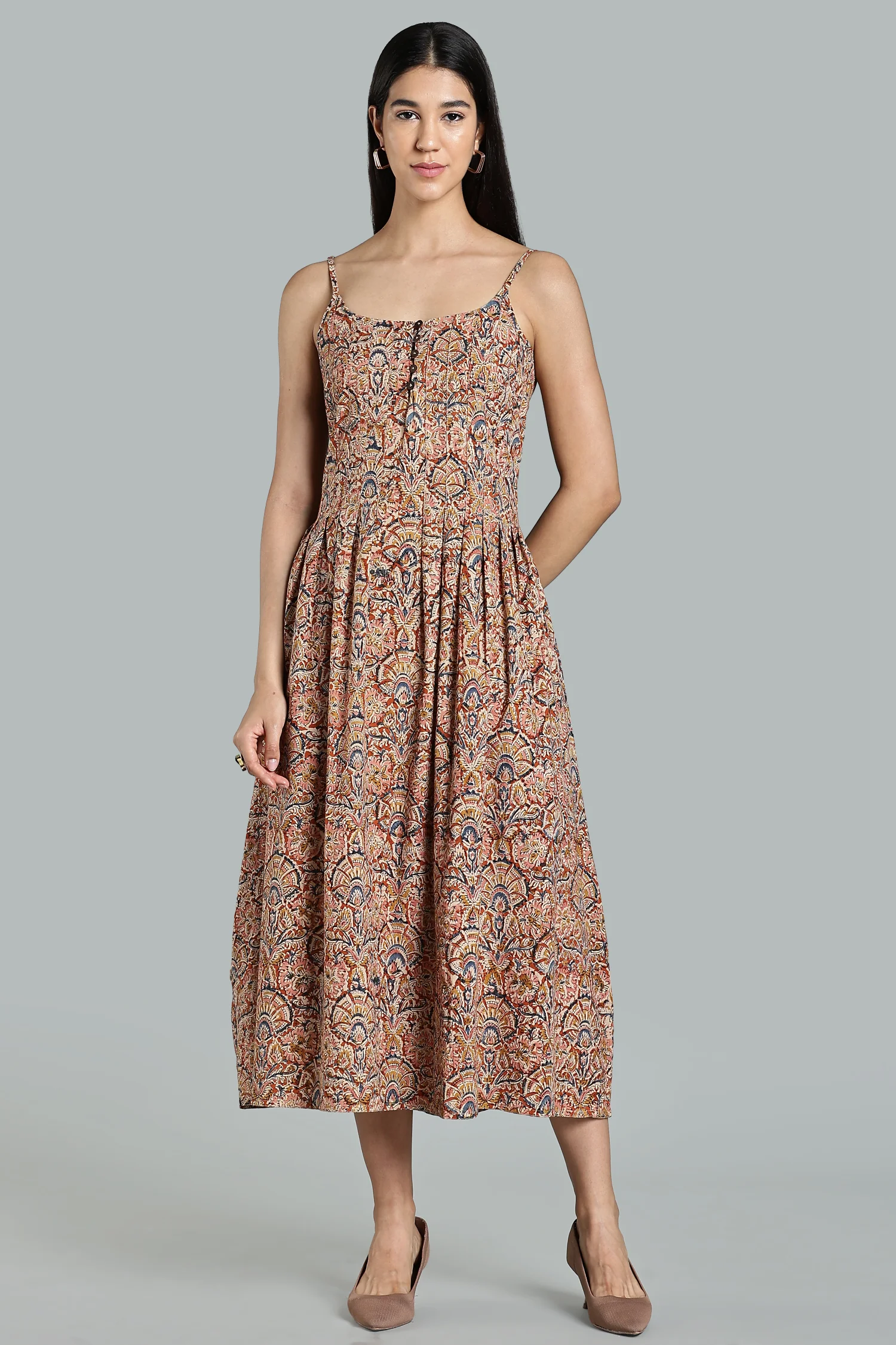 KALAMKARI COTTON DRESS PLEATED STRAP - ORANGE