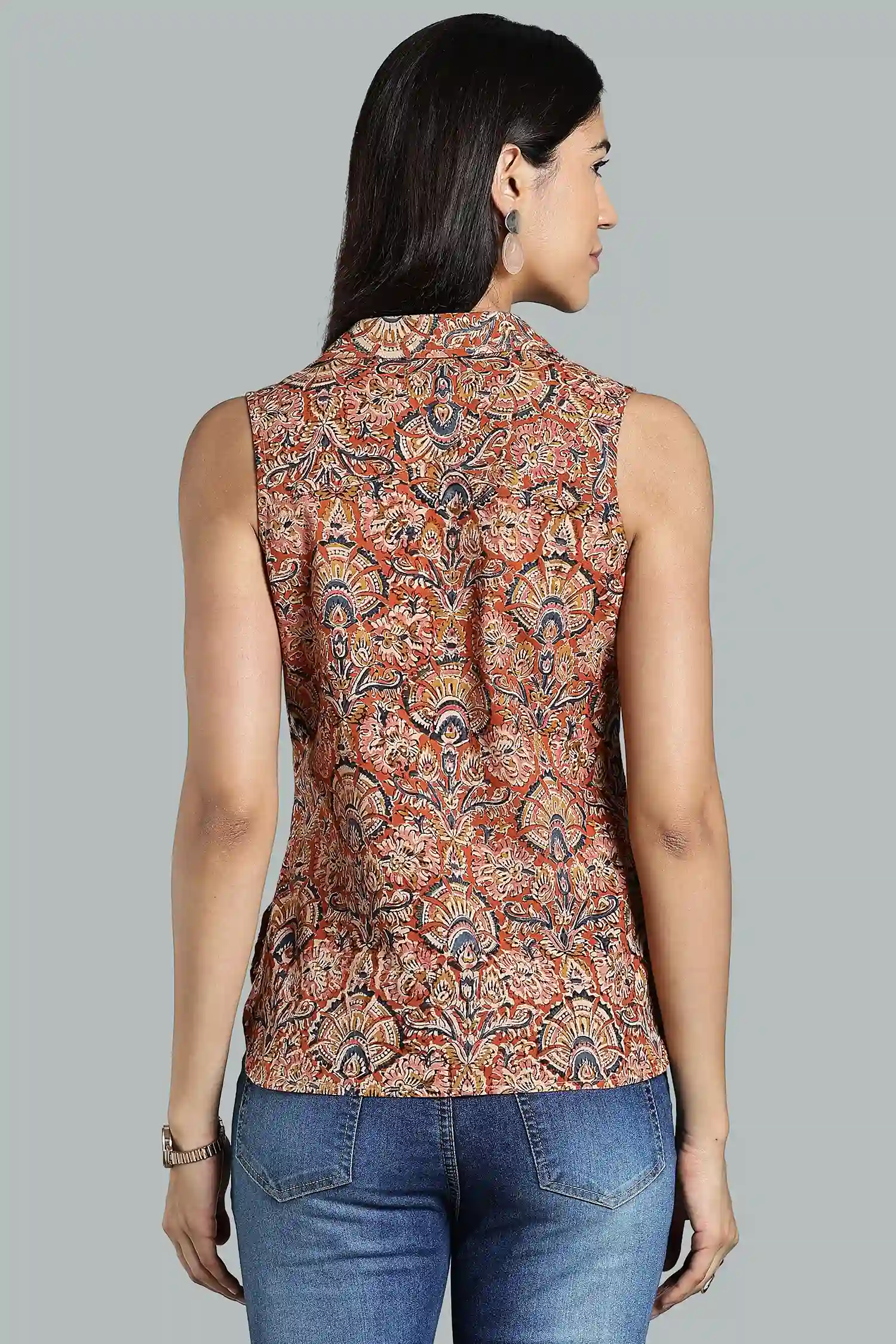 KALAMKARI COTTON TOP SLEEVELESS PLACKET & POCKET DETAIL ORANGE - Image 5