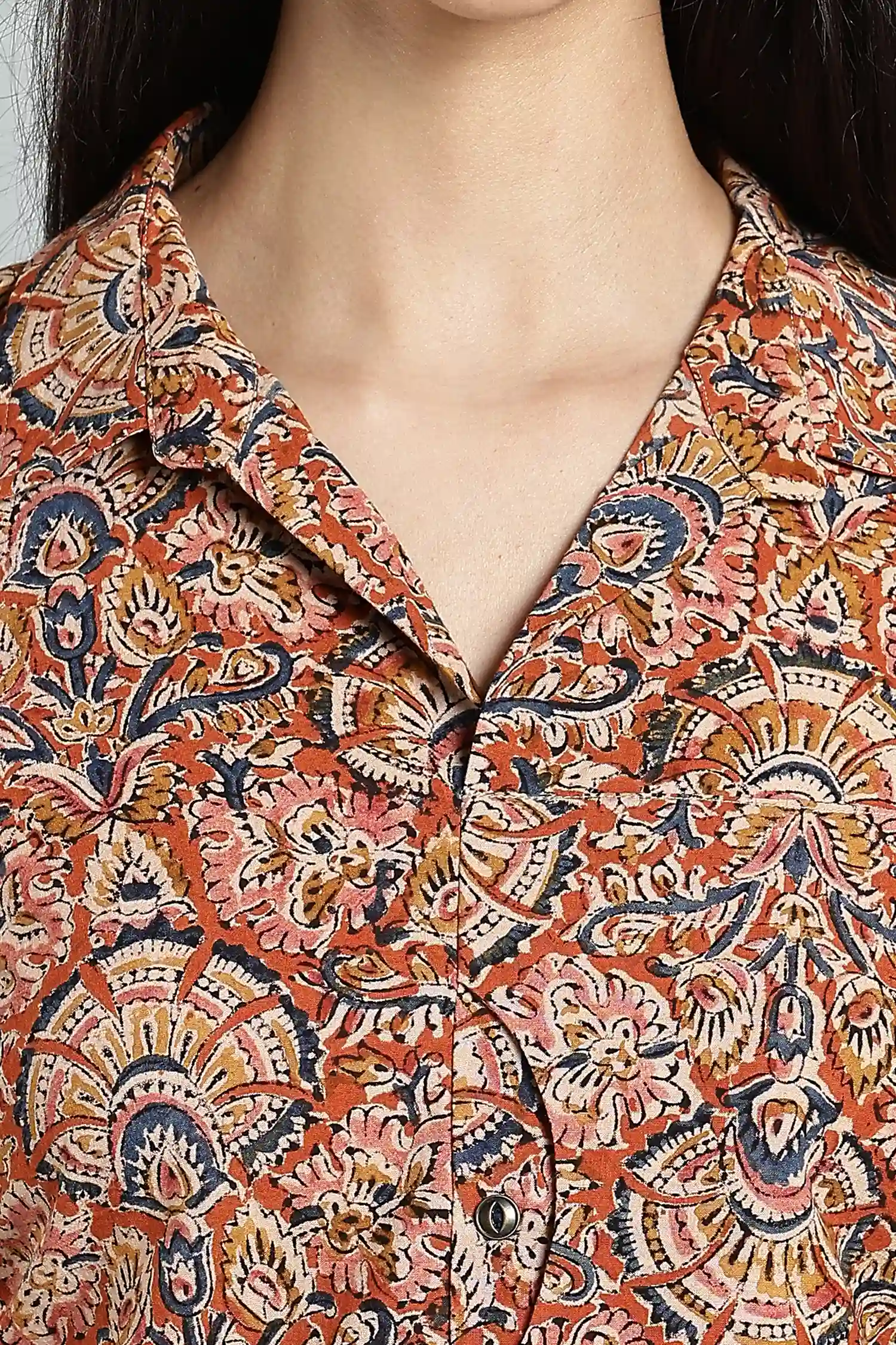 KALAMKARI COTTON TOP SLEEVELESS PLACKET & POCKET DETAIL ORANGE - Image 2