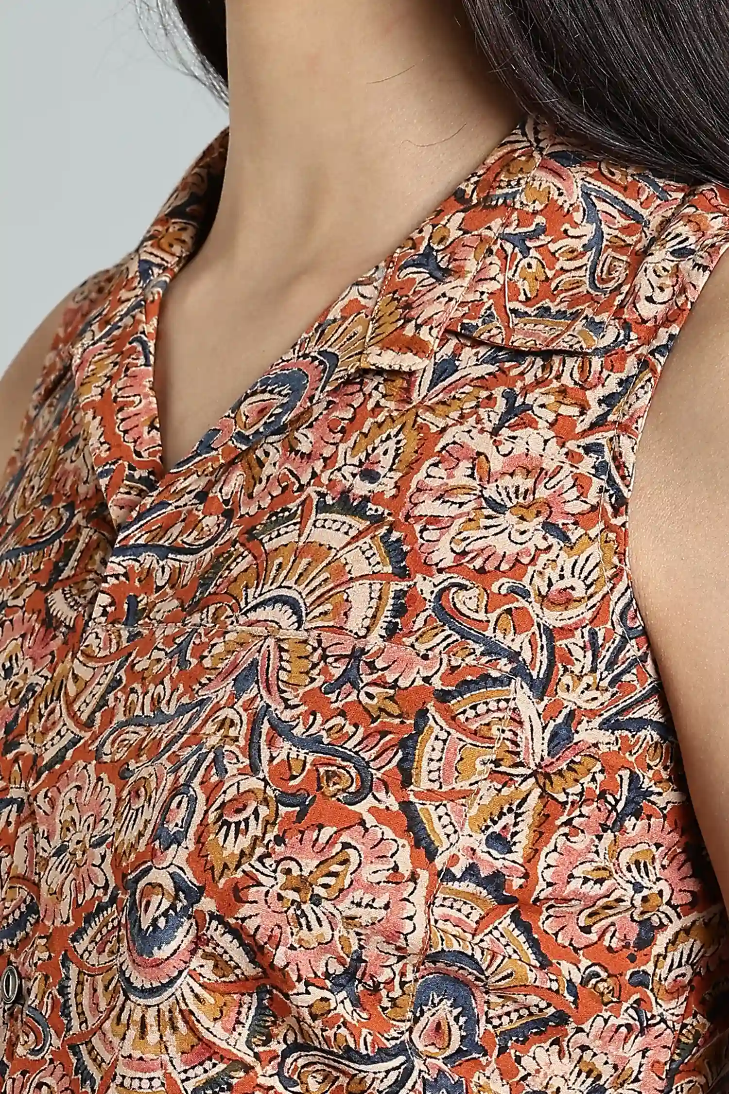 KALAMKARI COTTON TOP SLEEVELESS PLACKET & POCKET DETAIL ORANGE - Image 3