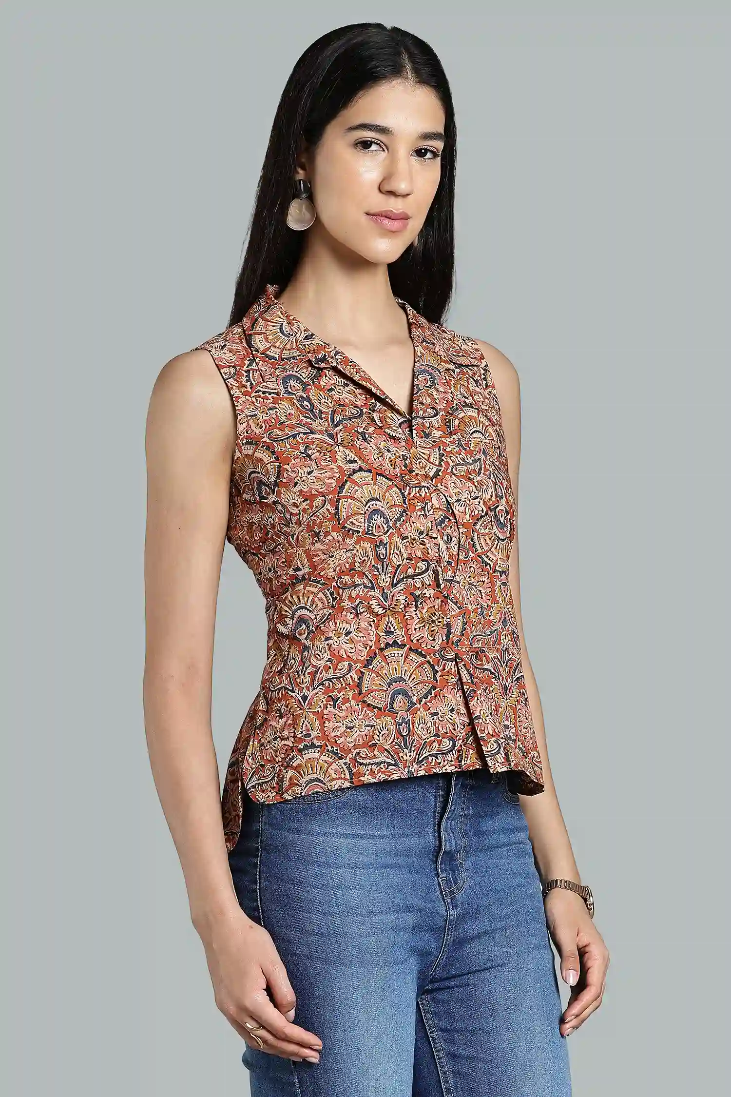 KALAMKARI COTTON TOP SLEEVELESS PLACKET & POCKET DETAIL ORANGE - Image 4