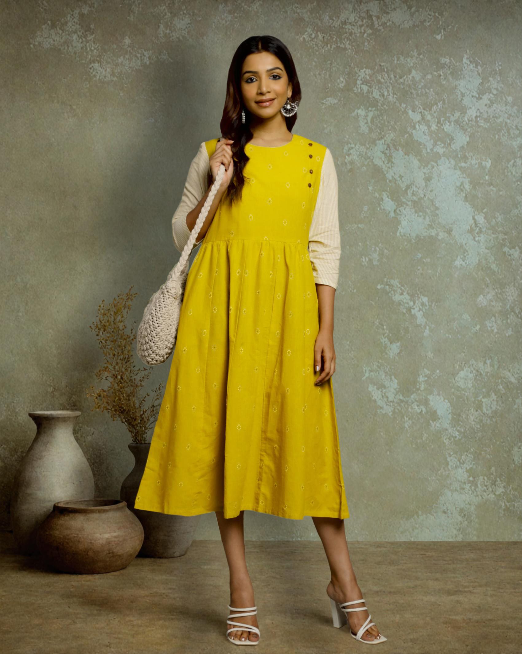 DRESS SOUTH C  AWADH NECK - YELLOW