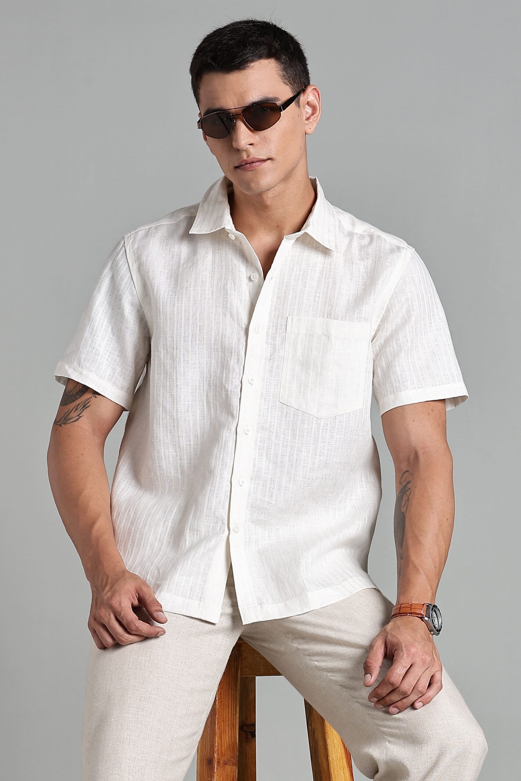 LINEN 100%  MENS SHIRT HALF SLEEVES SLIT AT SIDE - CREAM - Image 2