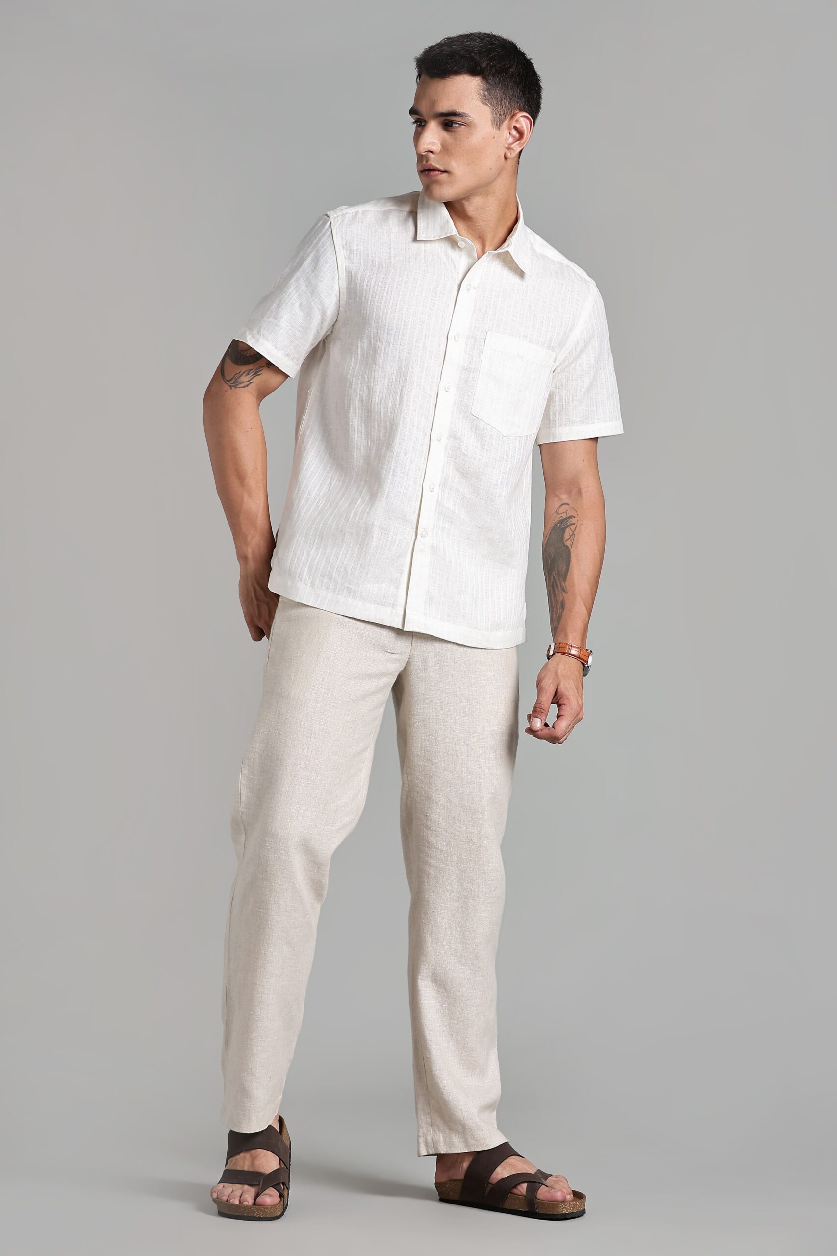 LINEN 100%  MENS SHIRT HALF SLEEVES SLIT AT SIDE - CREAM - Image 3