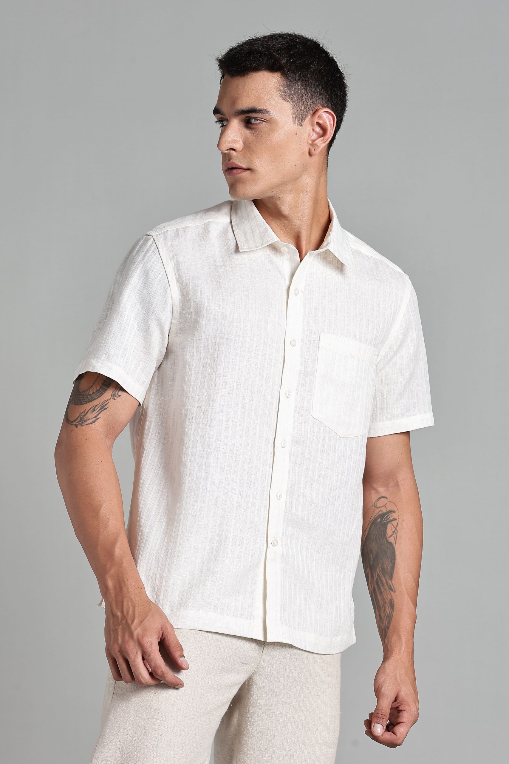 LINEN 100%  MENS SHIRT HALF SLEEVES SLIT AT SIDE - CREAM - Image 5
