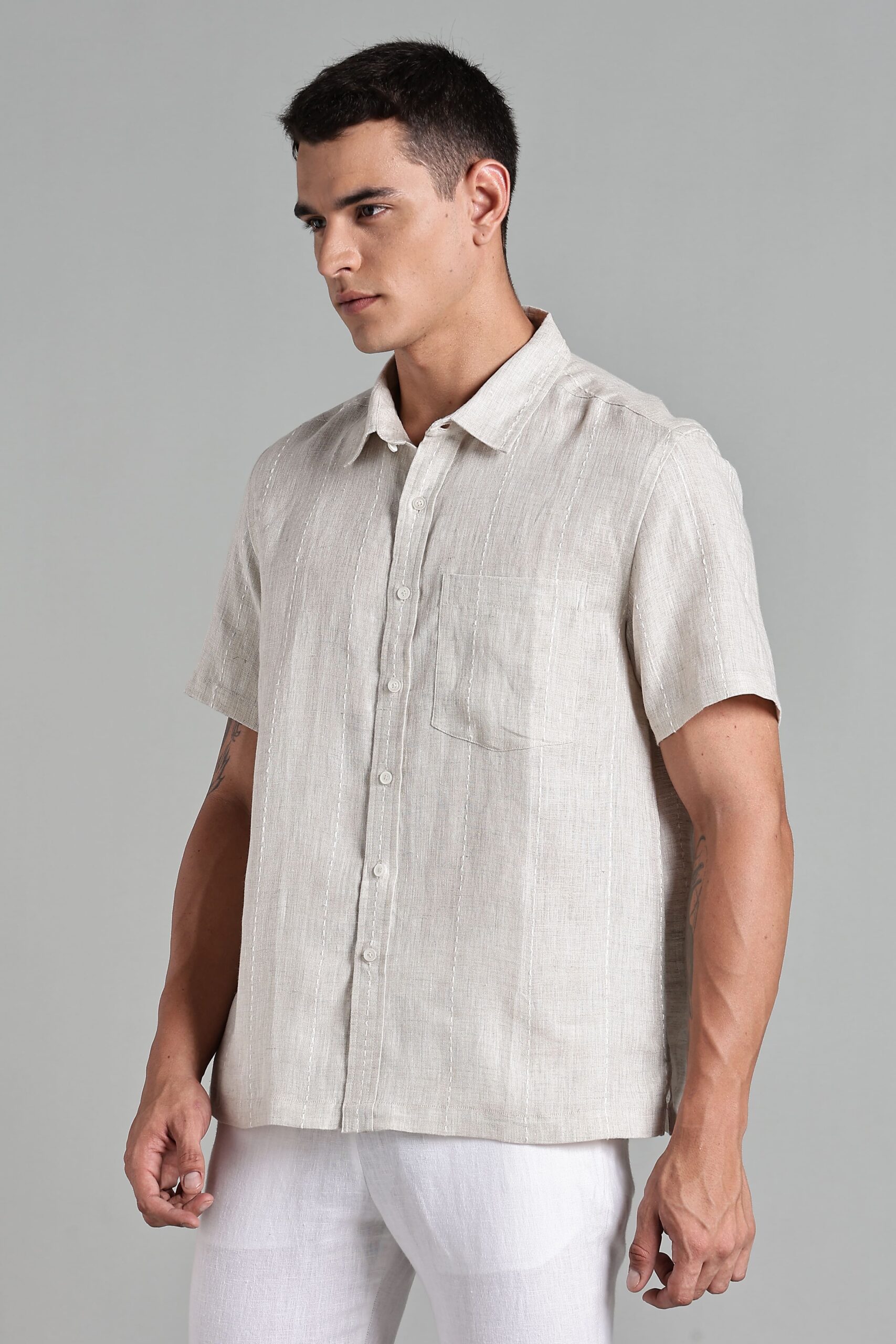 LINEN 100%  MENS SHIRT HALF SLEEVES SLIT AT SIDE - BEIGE - Image 6