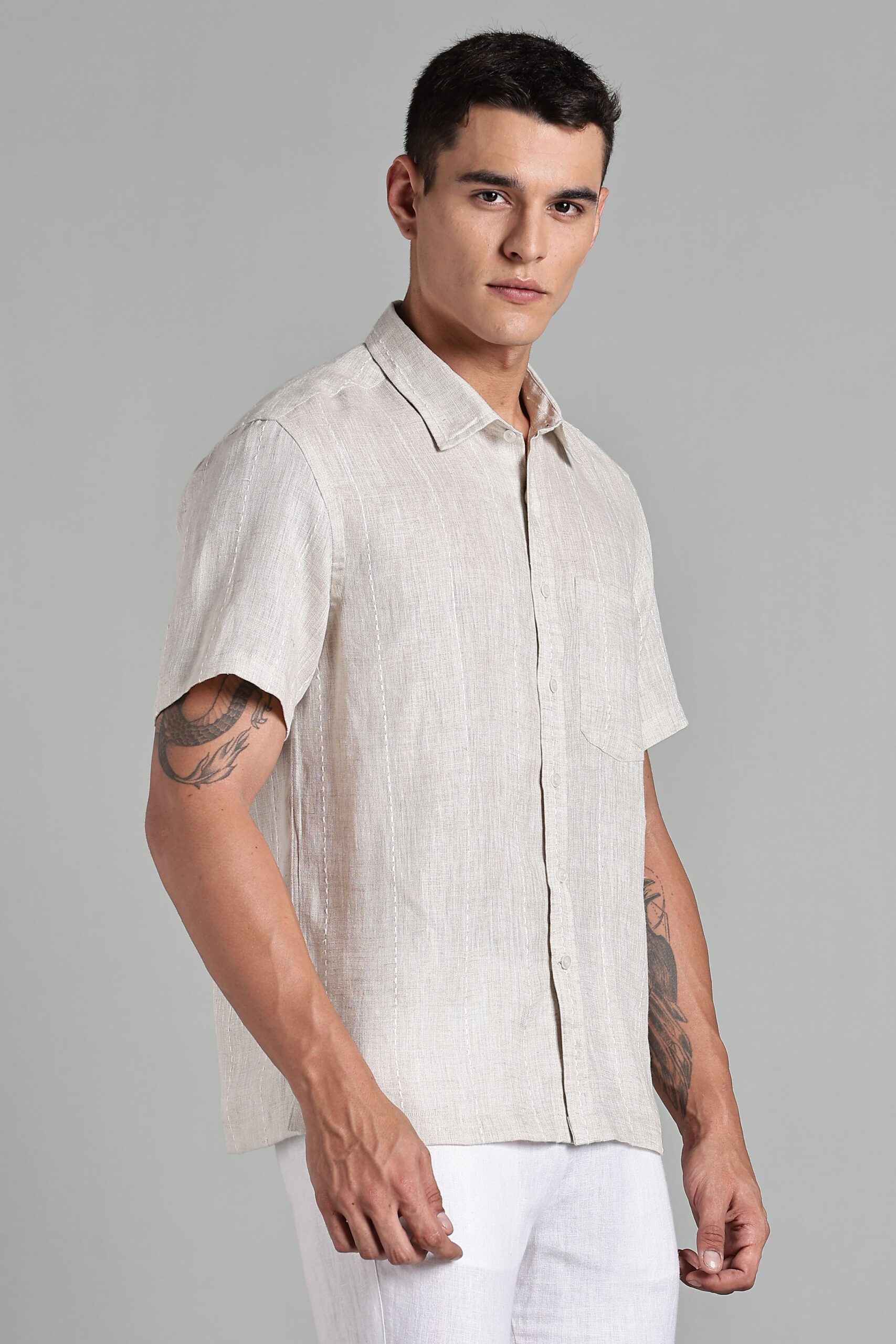 LINEN 100%  MENS SHIRT HALF SLEEVES SLIT AT SIDE - BEIGE