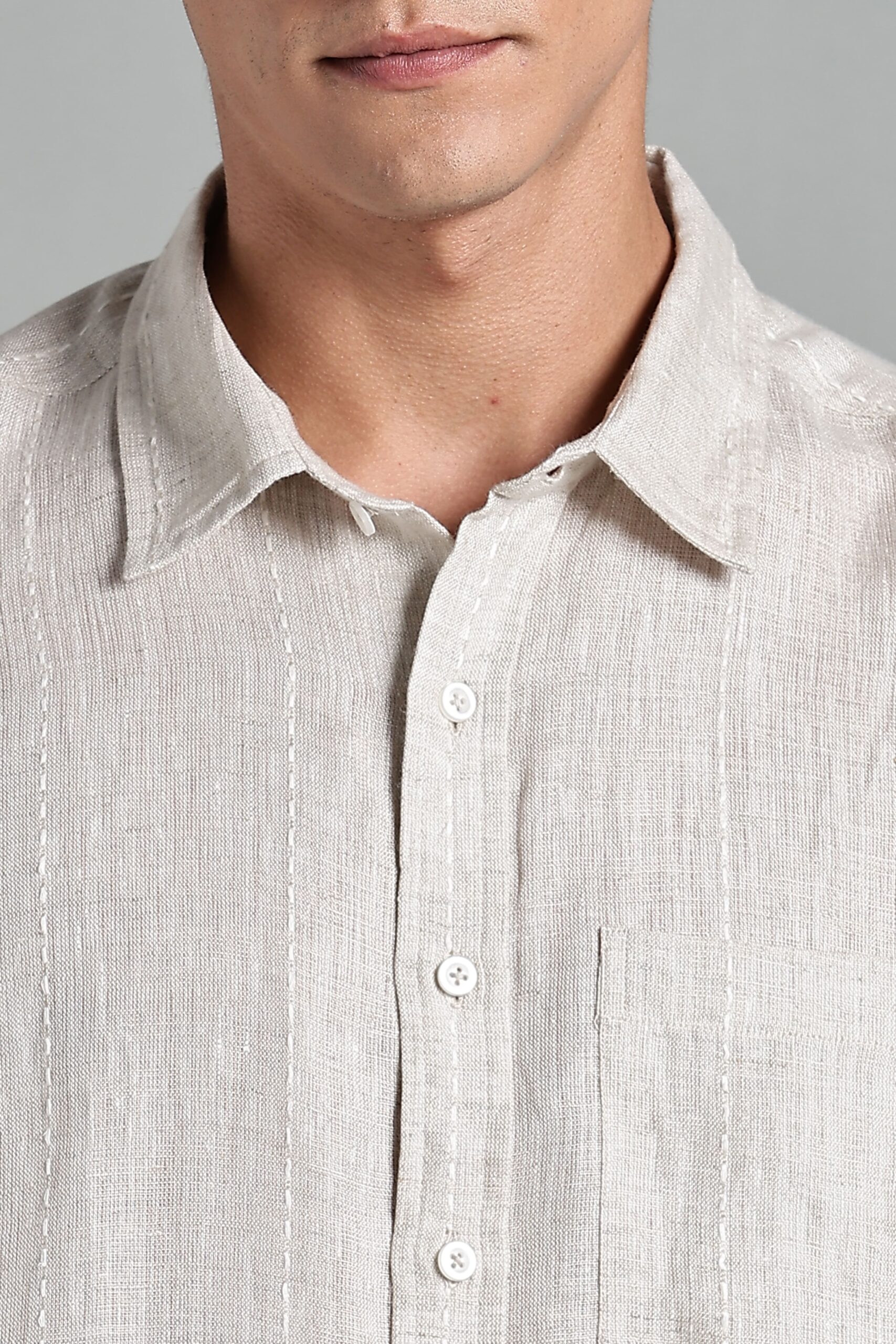 LINEN 100%  MENS SHIRT HALF SLEEVES SLIT AT SIDE - BEIGE - Image 4