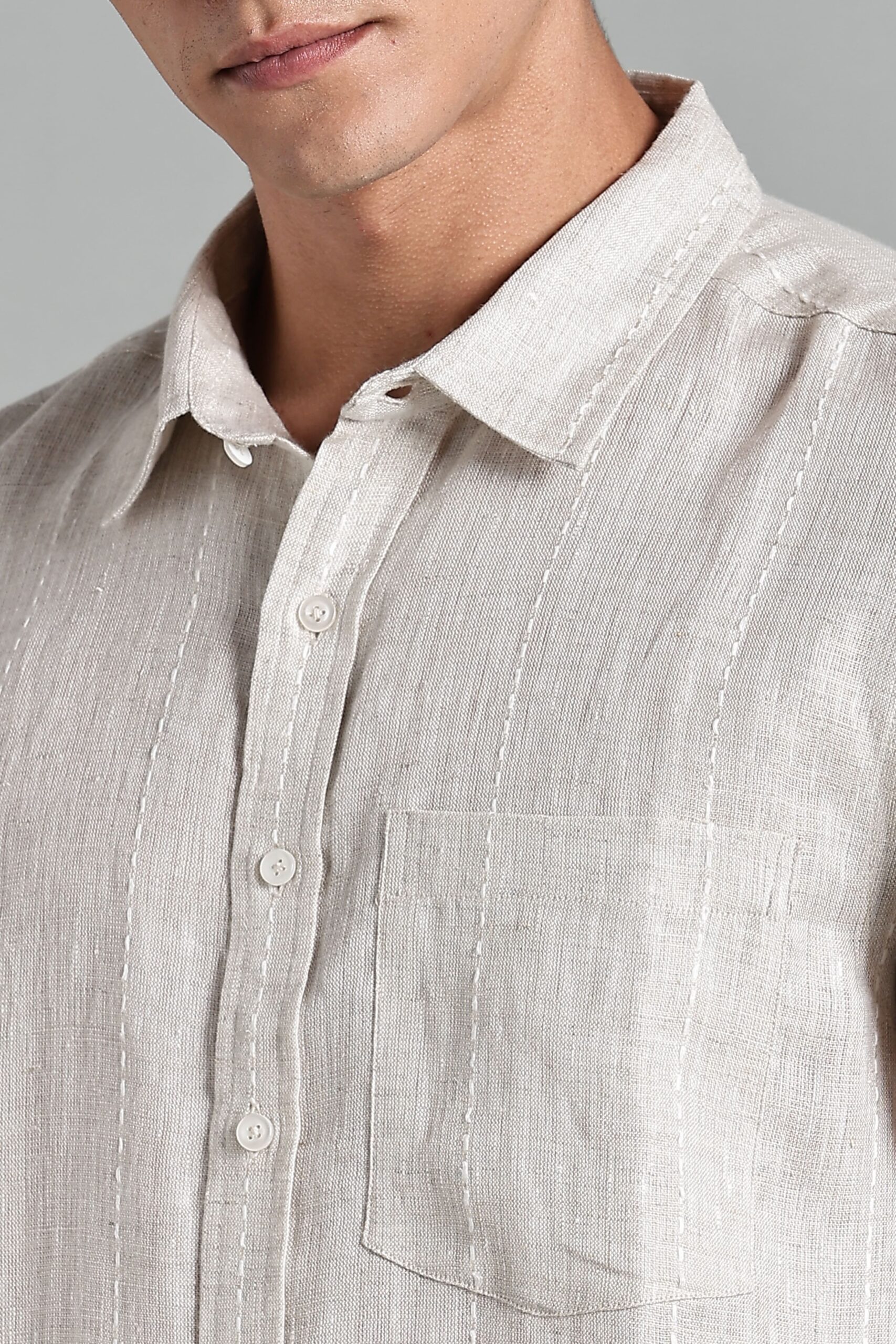 LINEN 100%  MENS SHIRT HALF SLEEVES SLIT AT SIDE - BEIGE - Image 3