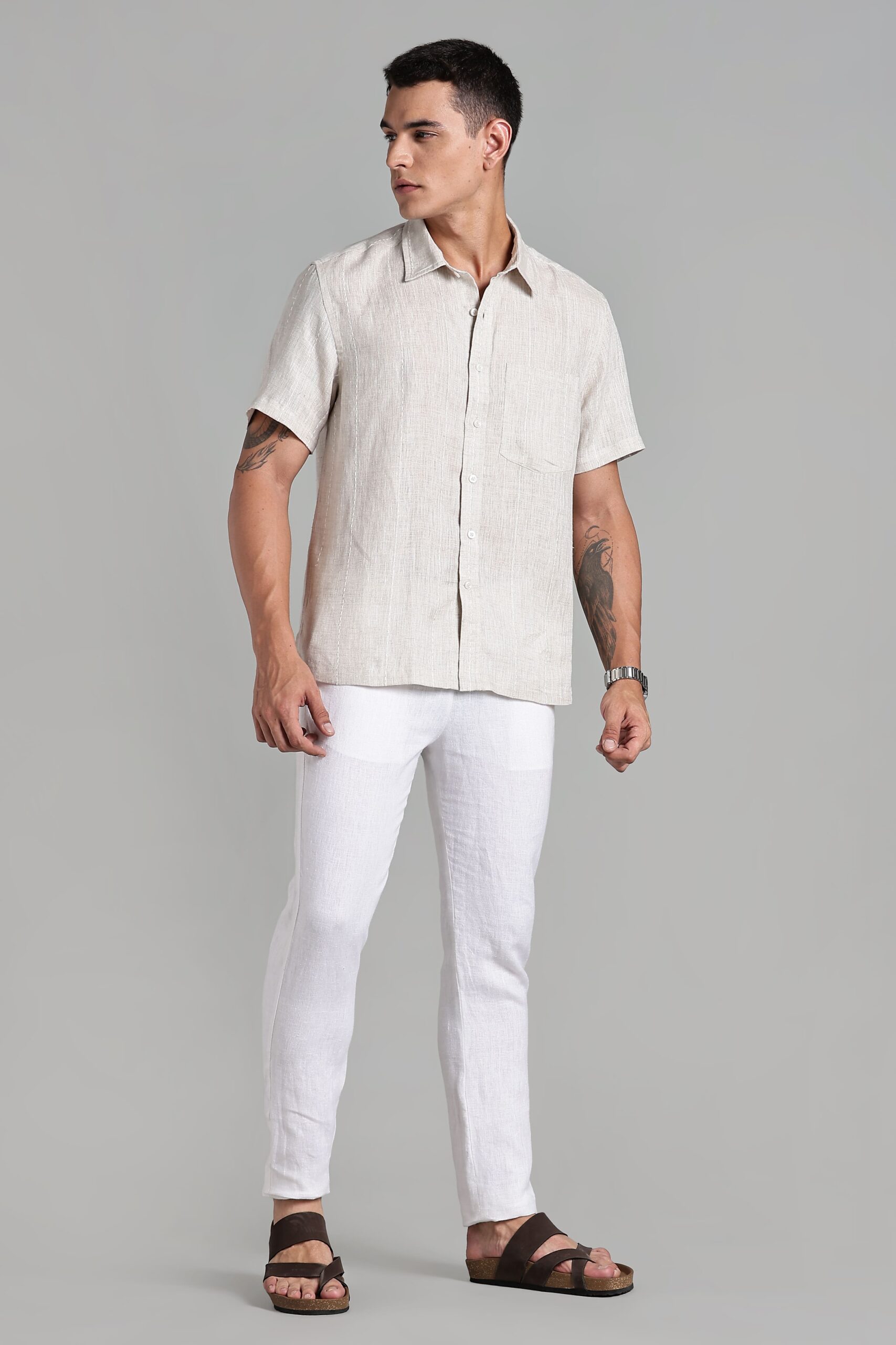 LINEN 100%  MENS SHIRT HALF SLEEVES SLIT AT SIDE - BEIGE - Image 9